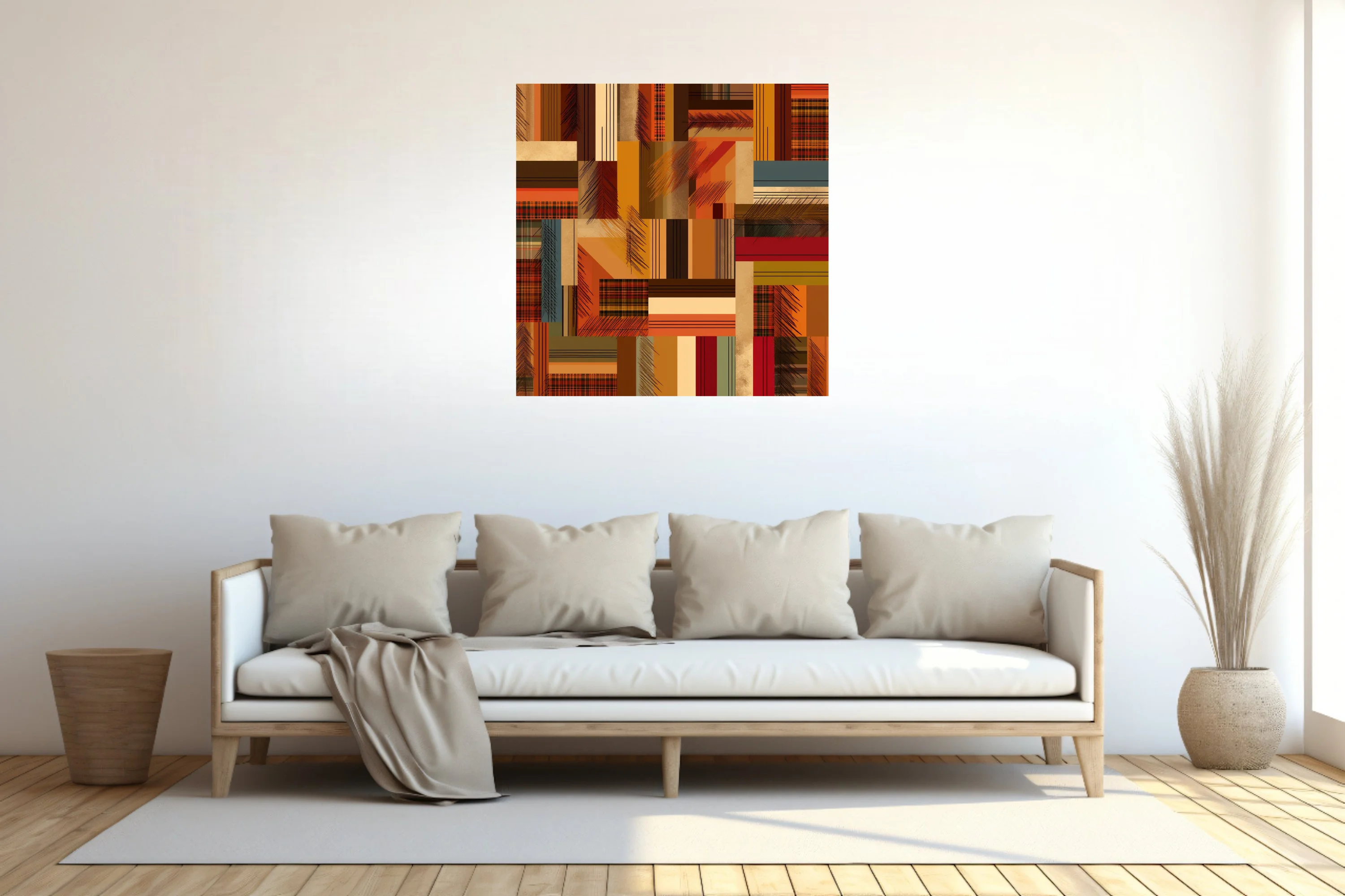 Mid-century abstract patchwork geometric art in warm rust, amber, and tartan tones