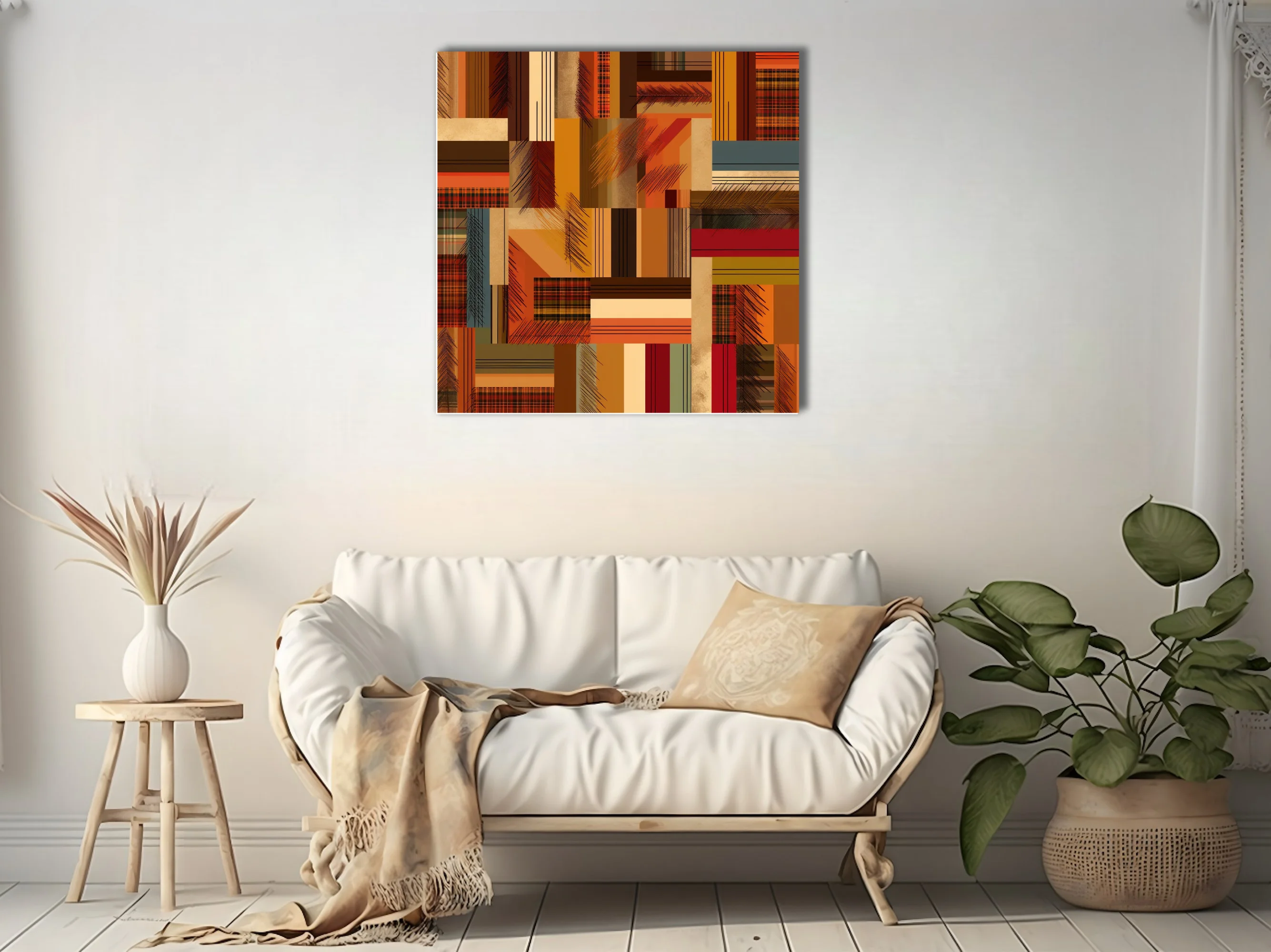 Mid-century abstract patchwork geometric art in warm rust, amber, and tartan tones