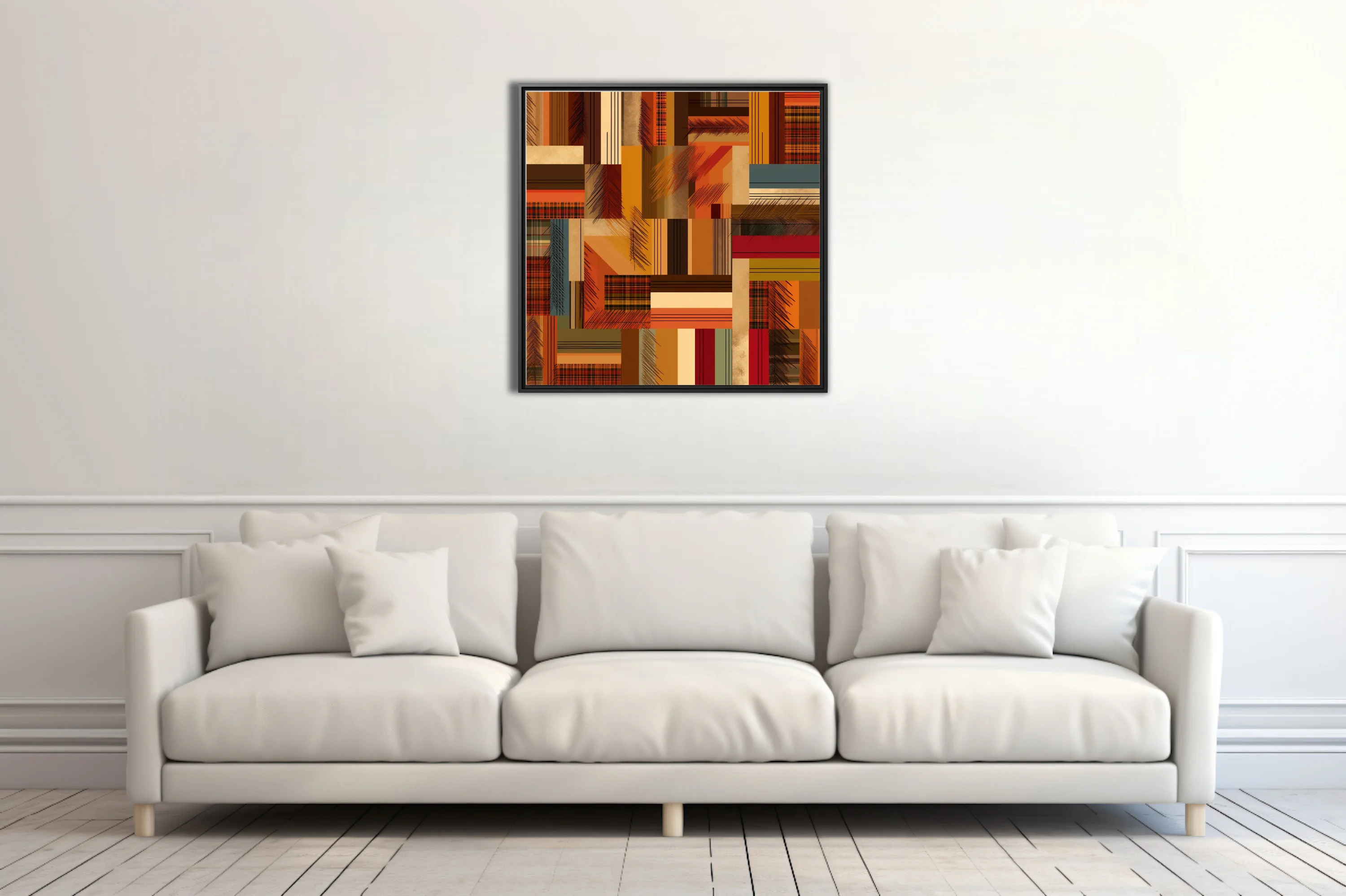 Mid-century abstract patchwork geometric art in warm rust, amber, and tartan tones