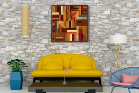 Mid-century abstract patchwork geometric art in warm rust, amber, and tartan tones