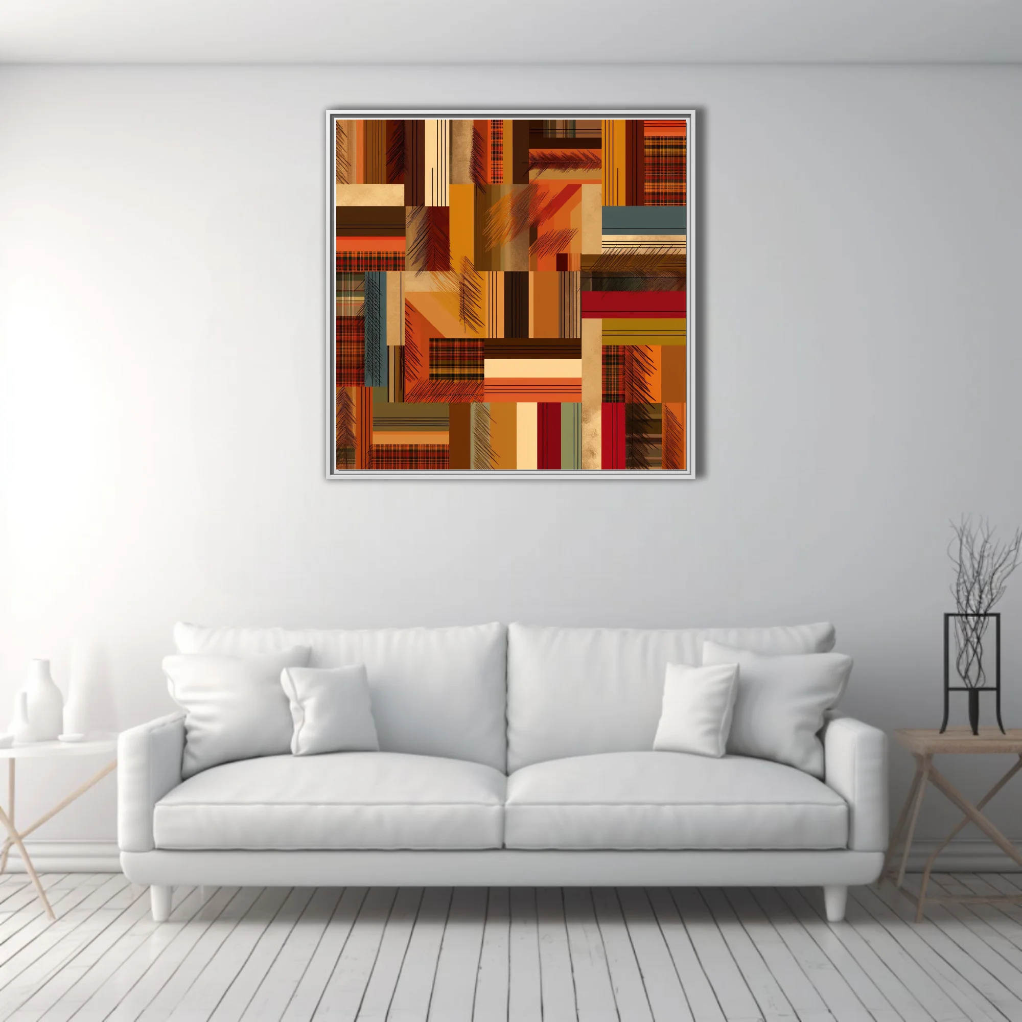 Mid-century abstract patchwork geometric art in warm rust, amber, and tartan tones