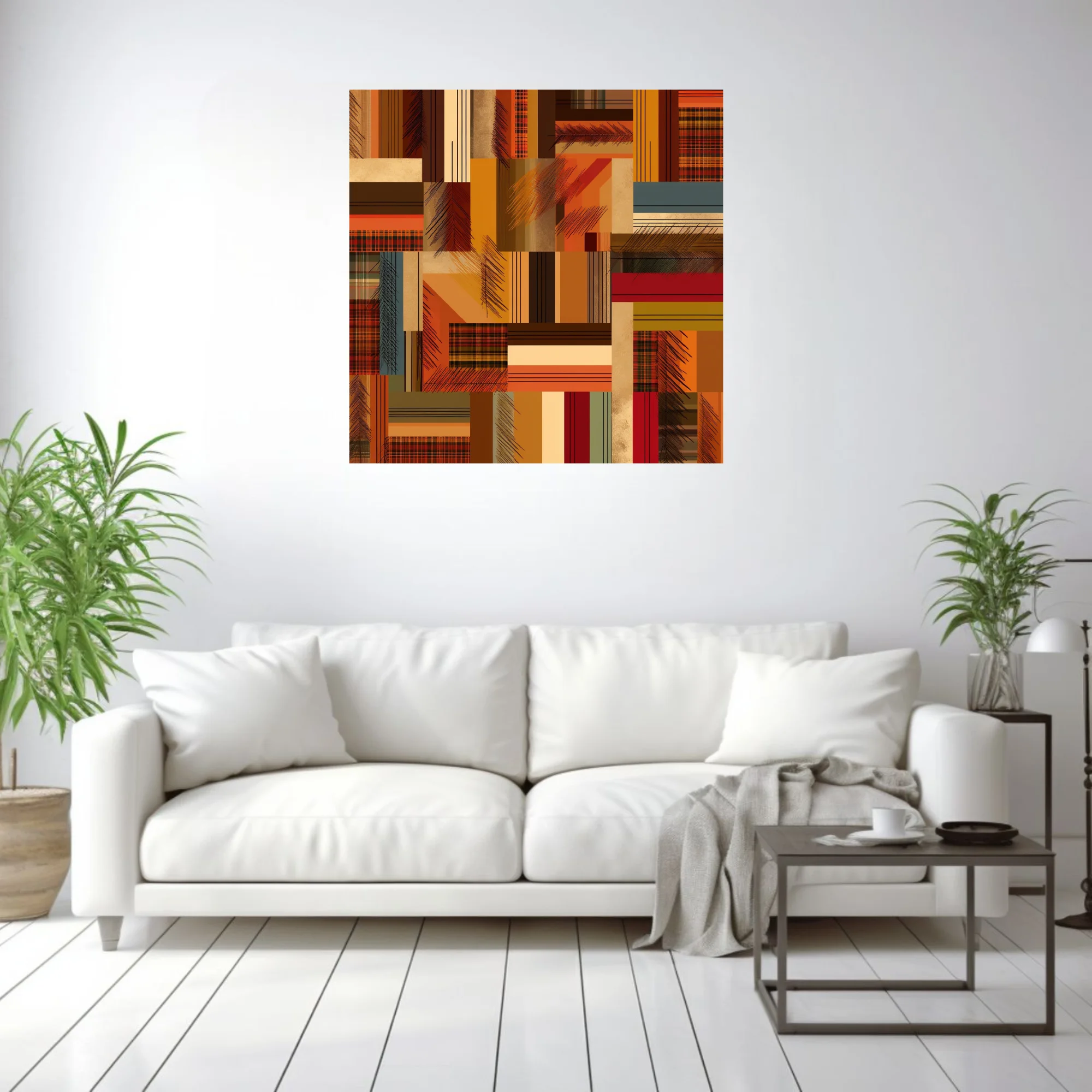Mid-century abstract patchwork geometric art in warm rust, amber, and tartan tones