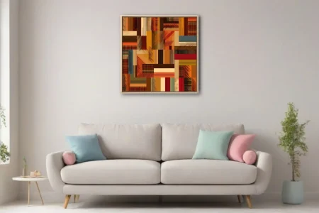 Mid-century abstract patchwork geometric art in warm rust, amber, and tartan tones