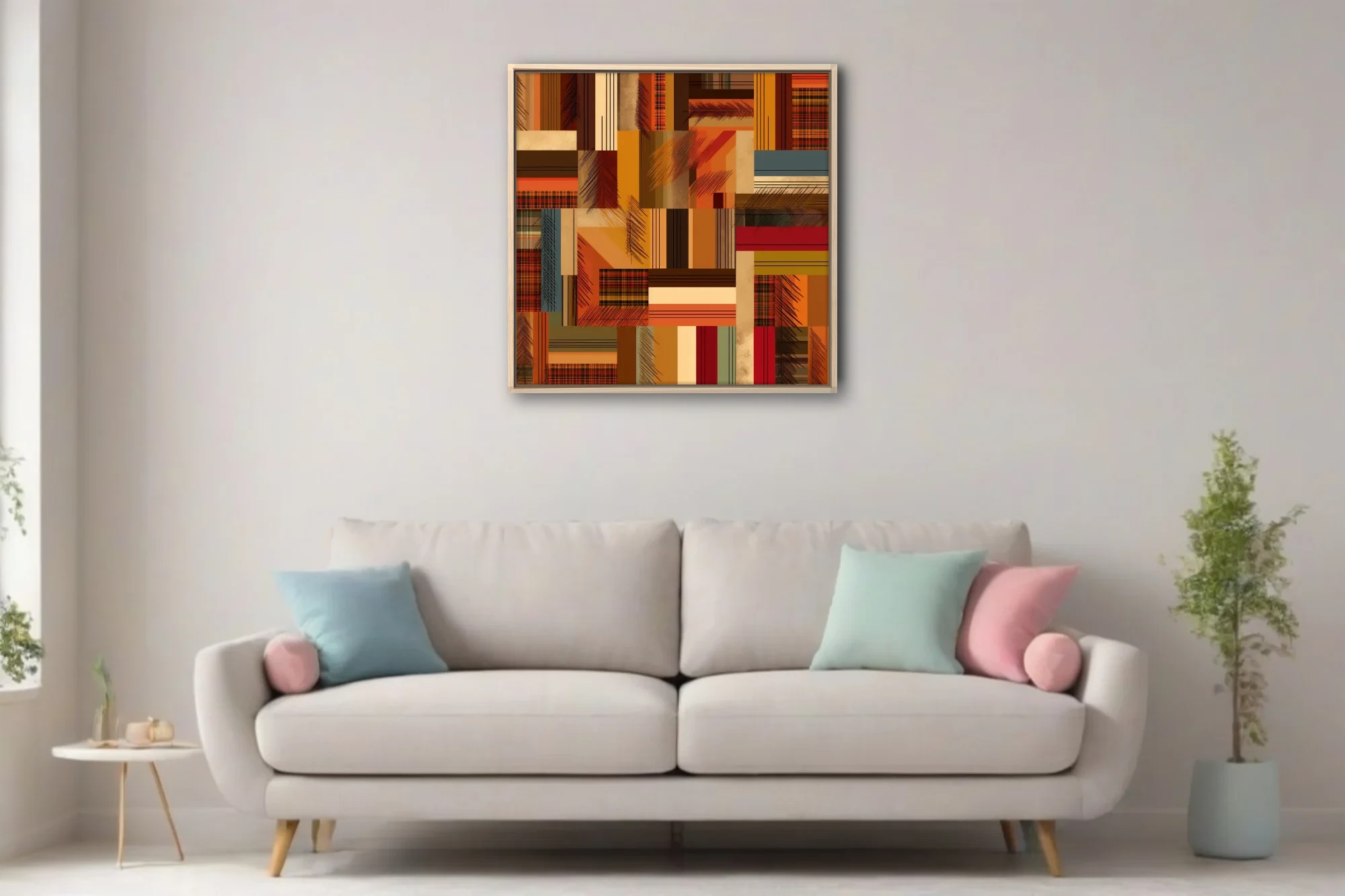 Mid-century abstract patchwork geometric art in warm rust, amber, and tartan tones