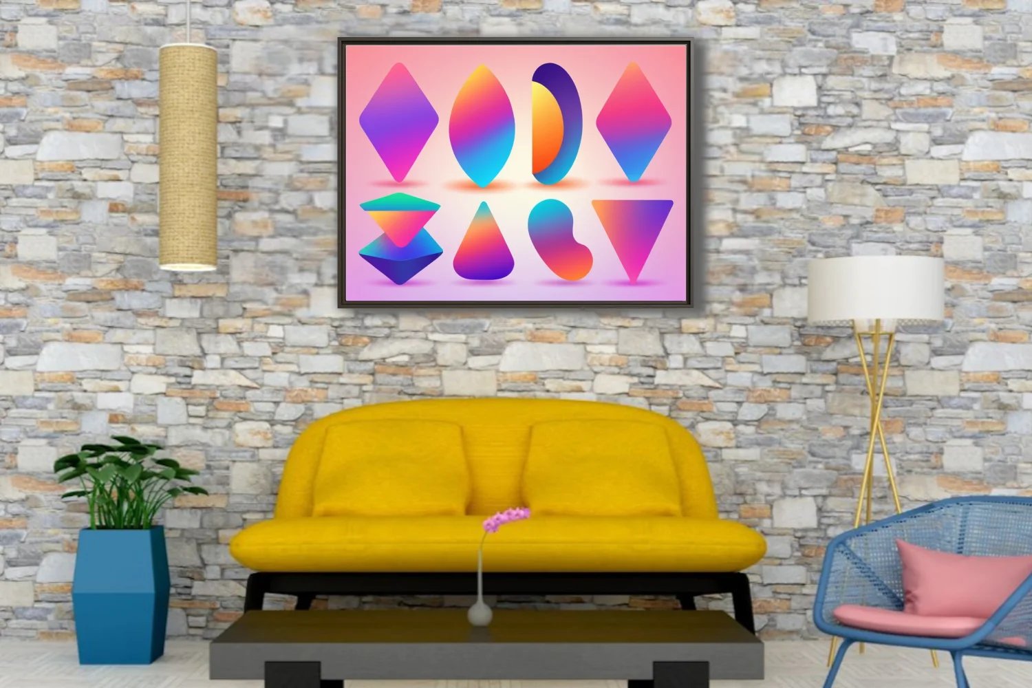 Vibrant gradient abstract shapes — geometric and organic forms in bold multicolor palette