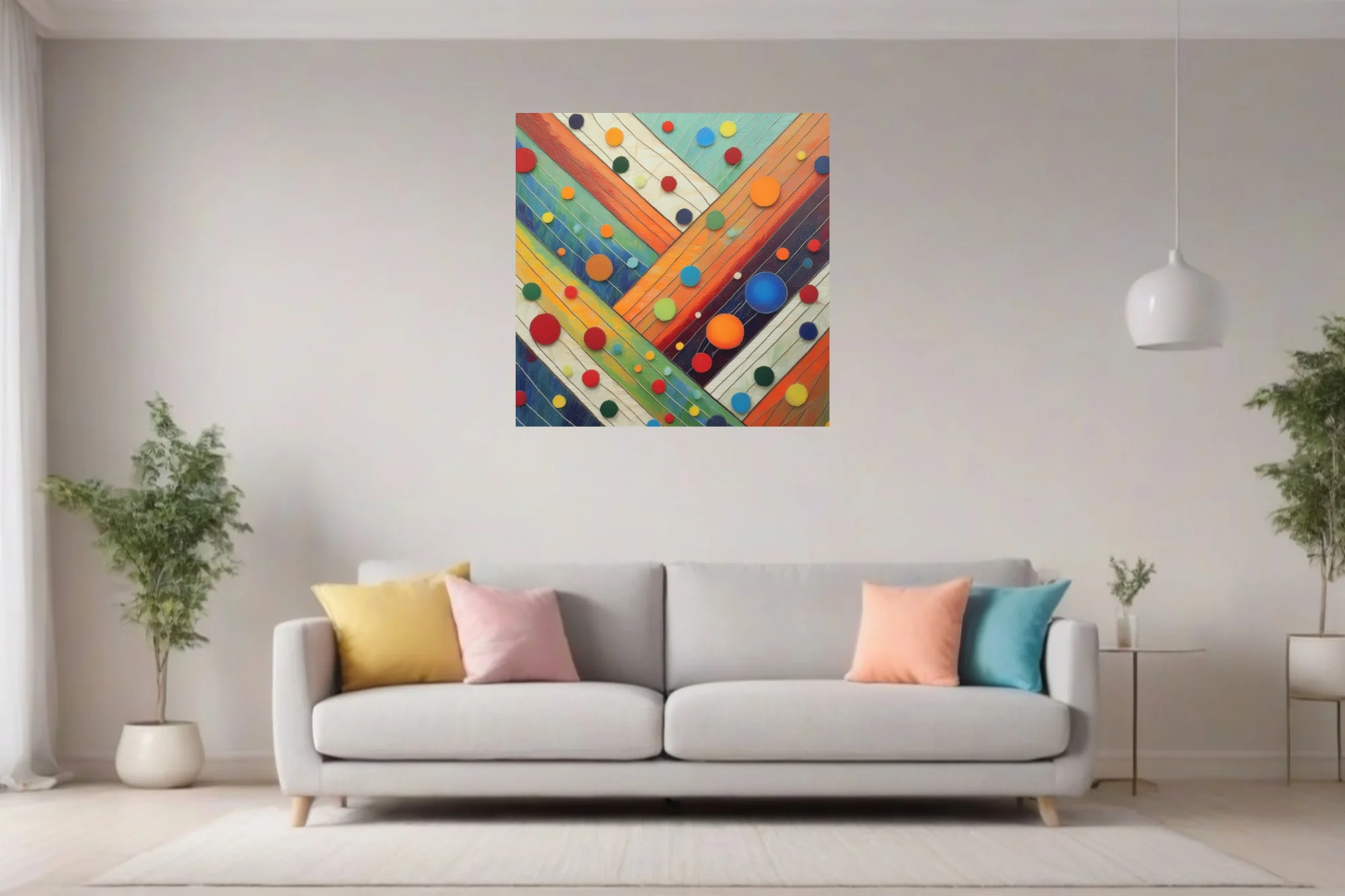 Colorful abstract diagonal stripes with multicolored circle motifs, texture