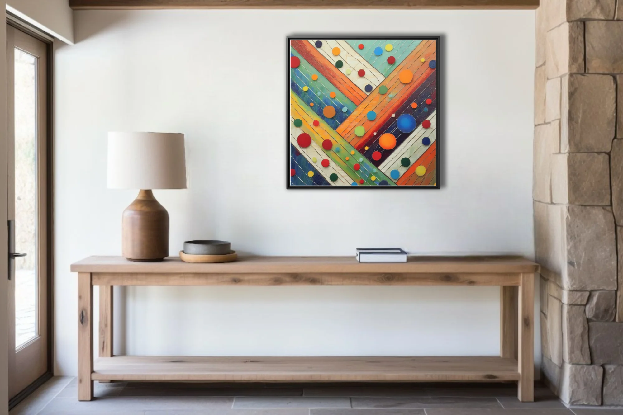 Colorful abstract diagonal stripes with multicolored circle motifs, texture