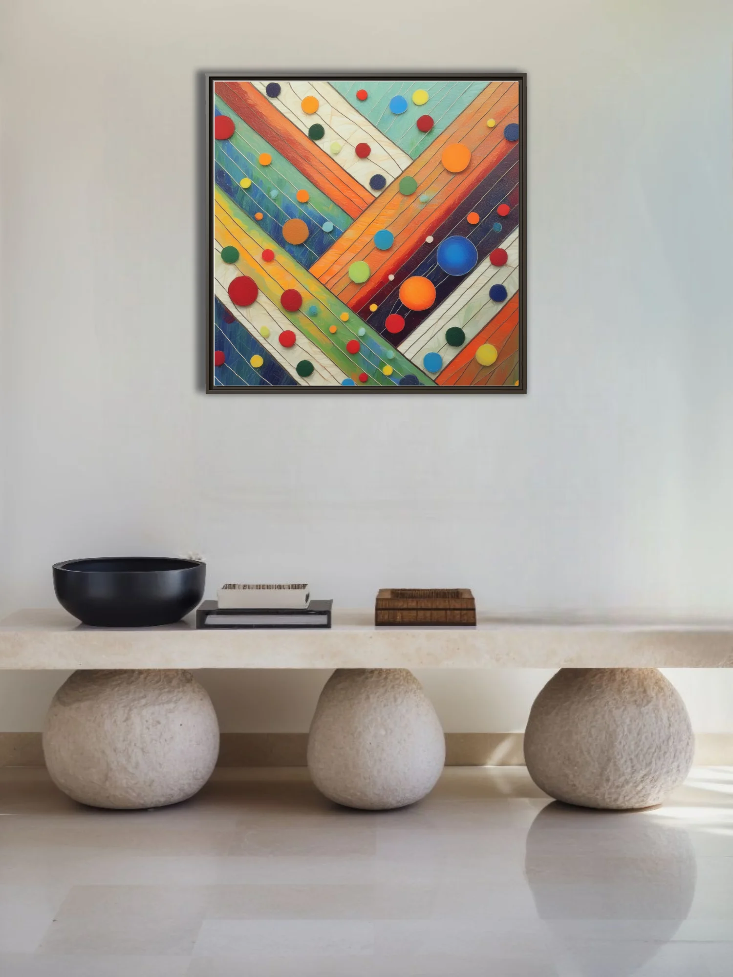Colorful abstract diagonal stripes with multicolored circle motifs, texture