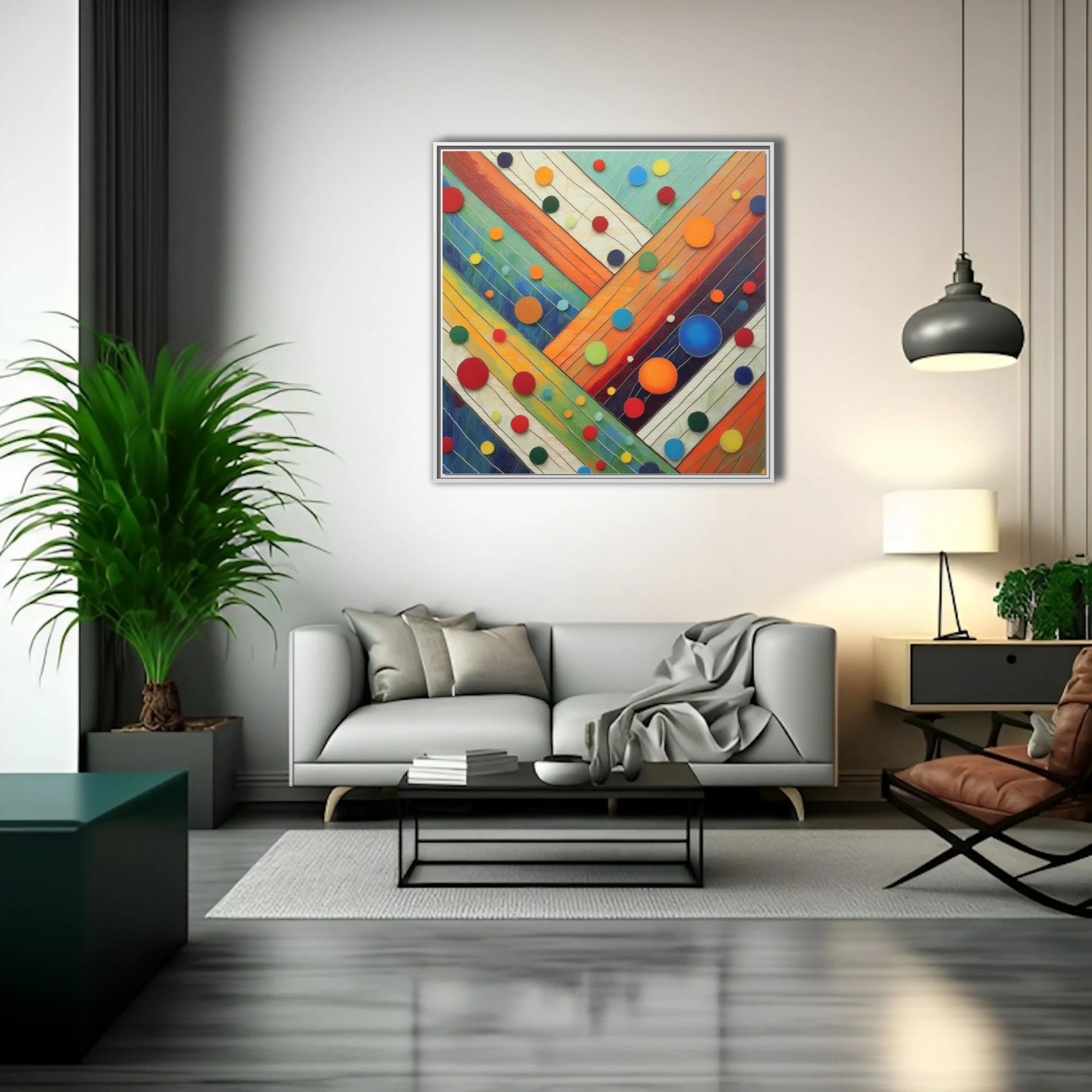 Colorful abstract diagonal stripes with multicolored circle motifs, texture