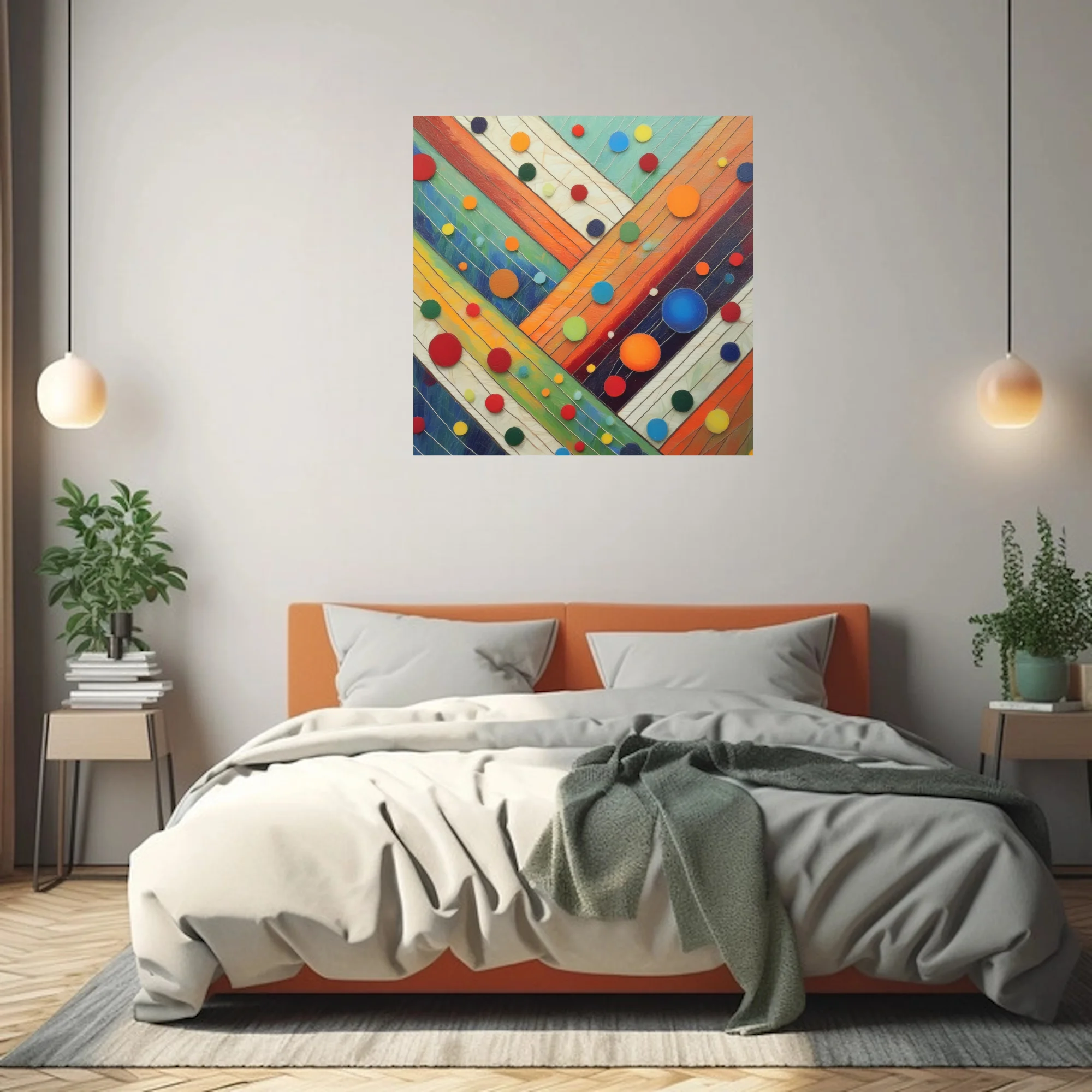 Colorful abstract diagonal stripes with multicolored circle motifs, texture