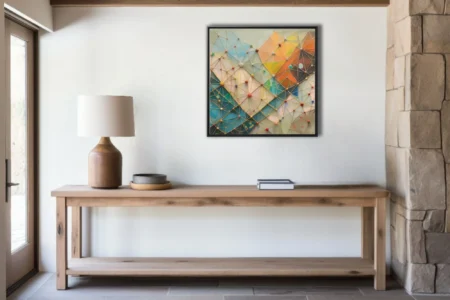 Abstract geometric network art with colorful knotted nodes and pastel teal and orange panels