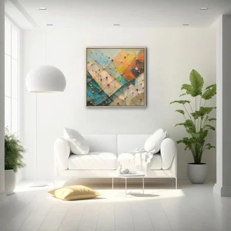 Abstract geometric network art with colorful knotted nodes and pastel teal and orange panels