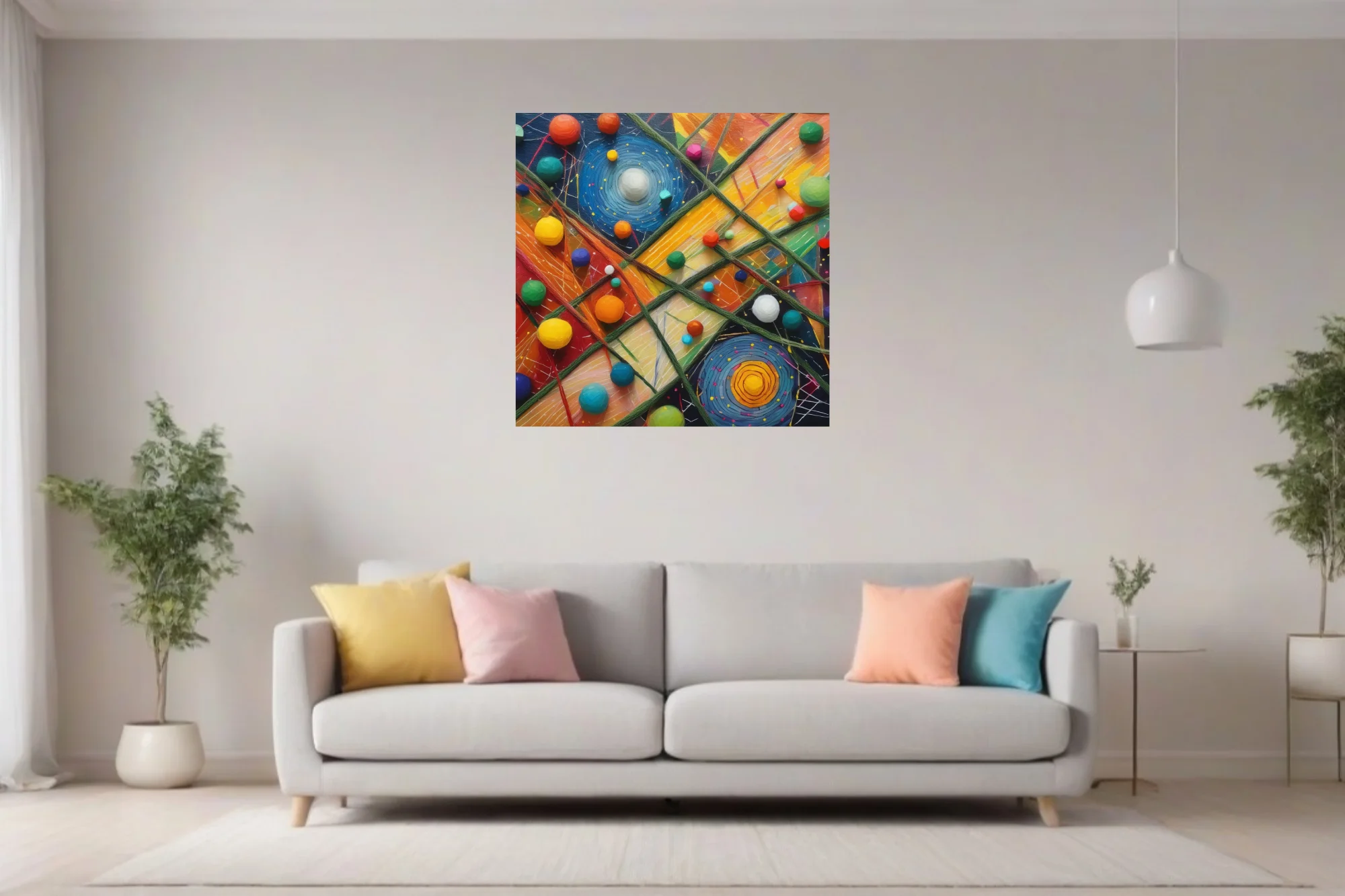 Colorful abstract mixed-media composition with spherical forms and spiral motifs