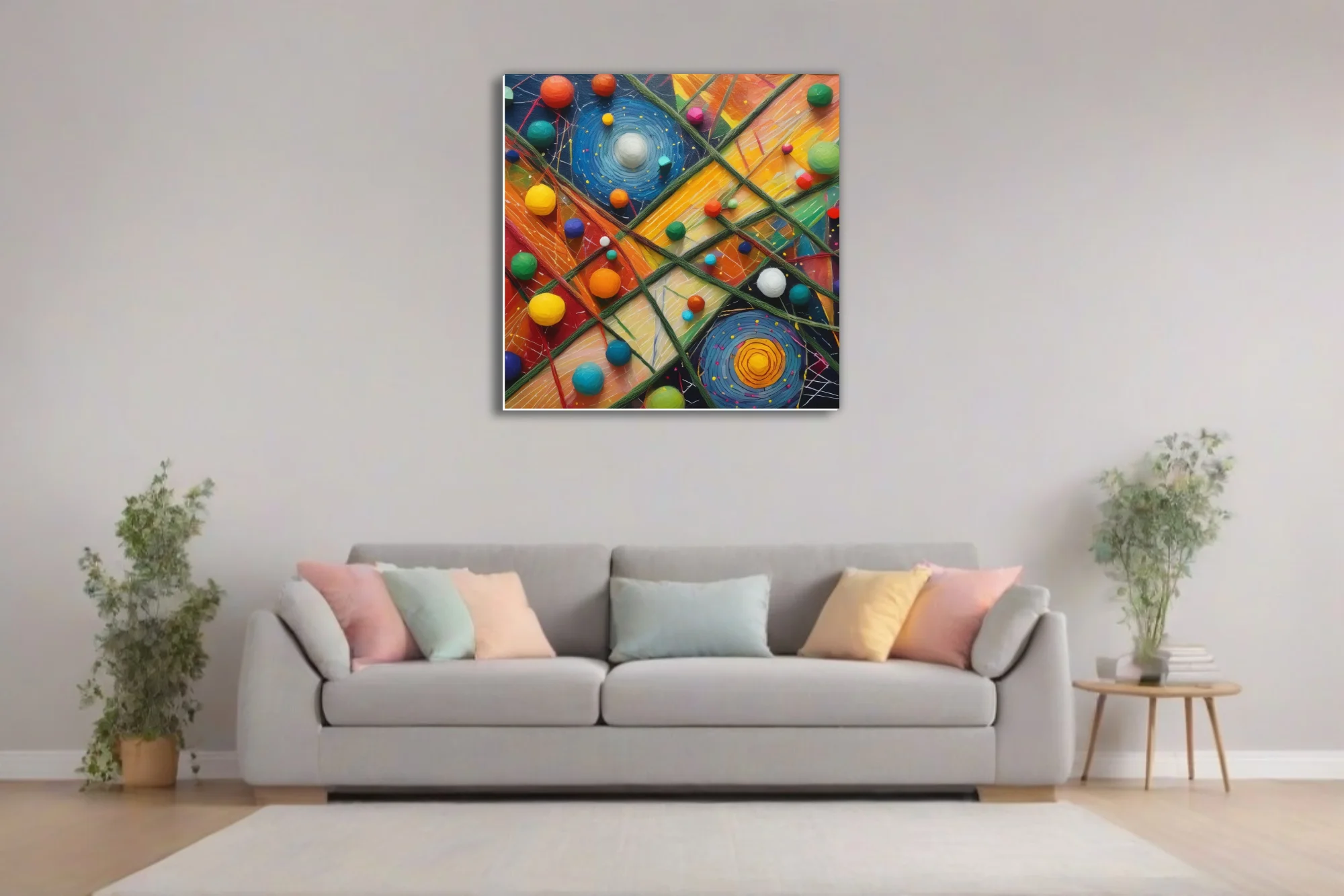 Colorful abstract mixed-media composition with spherical forms and spiral motifs