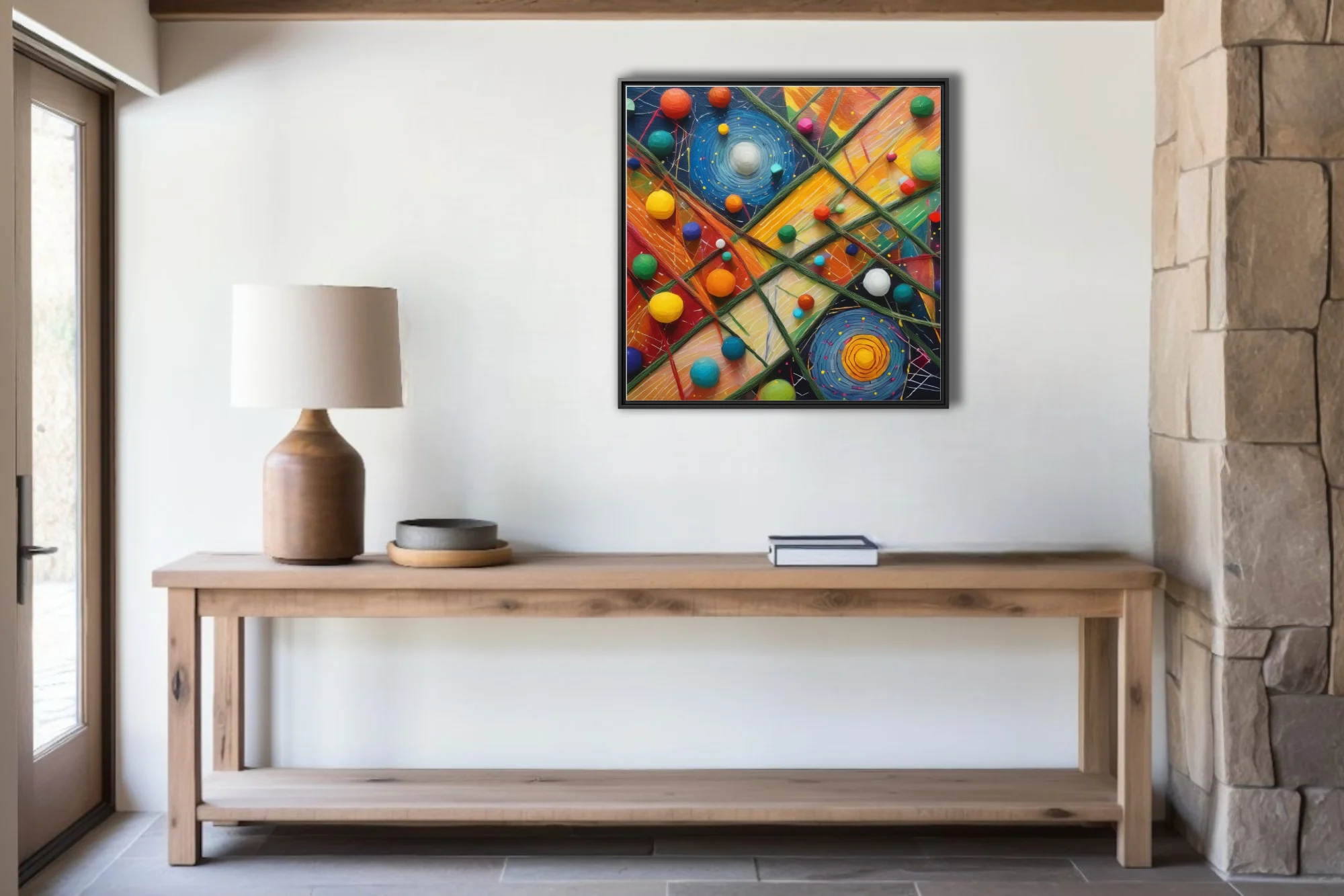 Colorful abstract mixed-media composition with spherical forms and spiral motifs