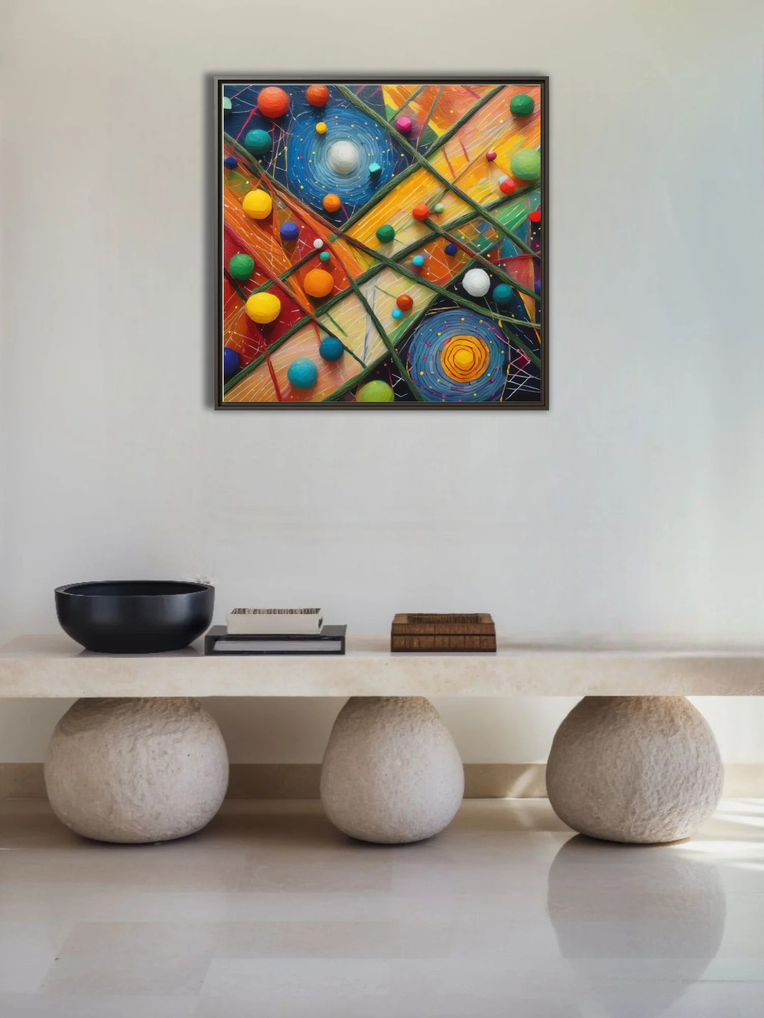 Colorful abstract mixed-media composition with spherical forms and spiral motifs