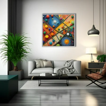 Colorful abstract mixed-media composition with spherical forms and spiral motifs