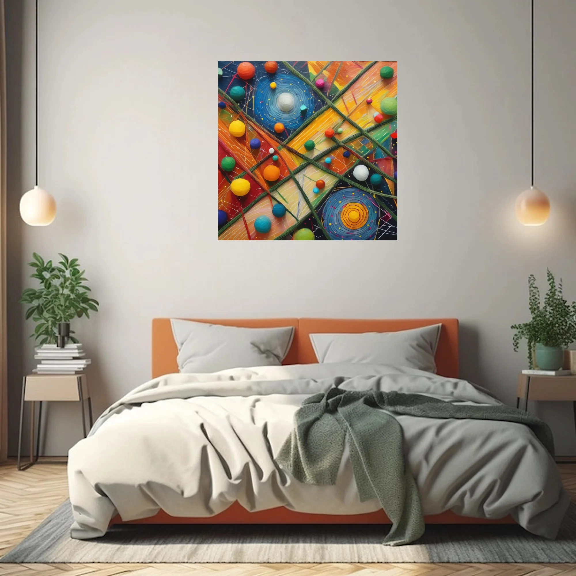 Colorful abstract mixed-media composition with spherical forms and spiral motifs