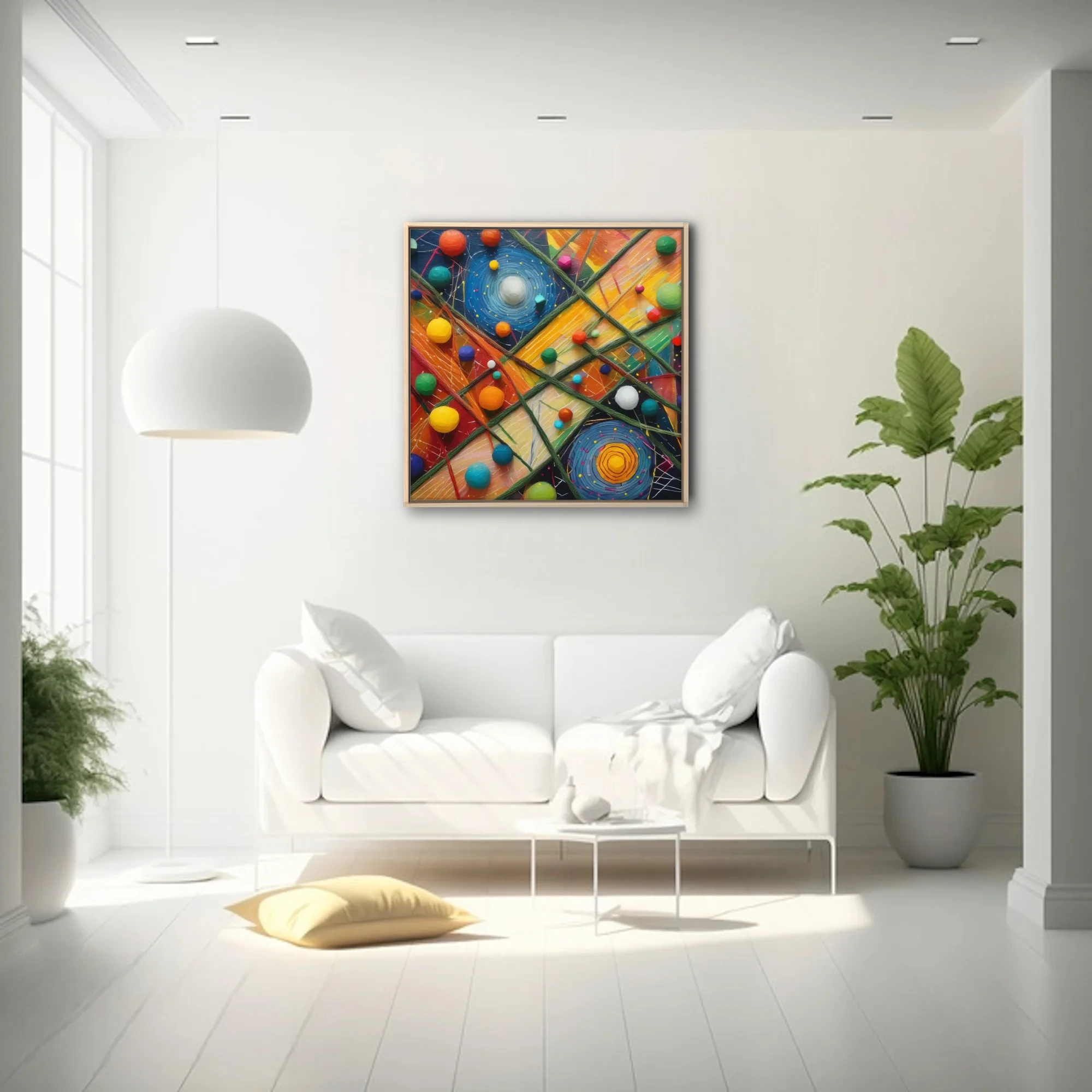 Colorful abstract mixed-media composition with spherical forms and spiral motifs