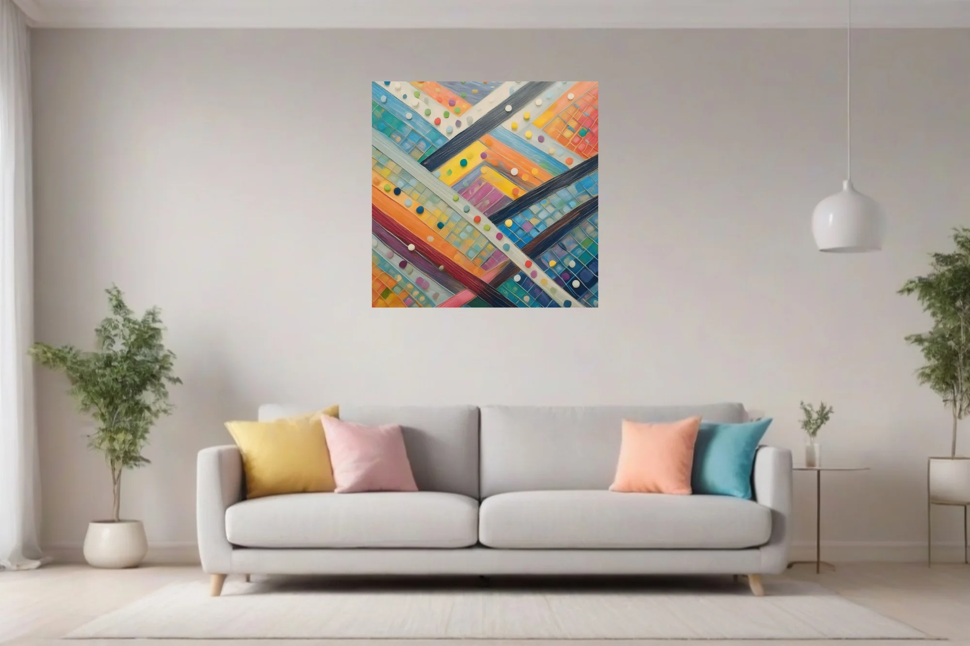Colorful abstract geometric weave with mosaic tiles and multicolor dot accents