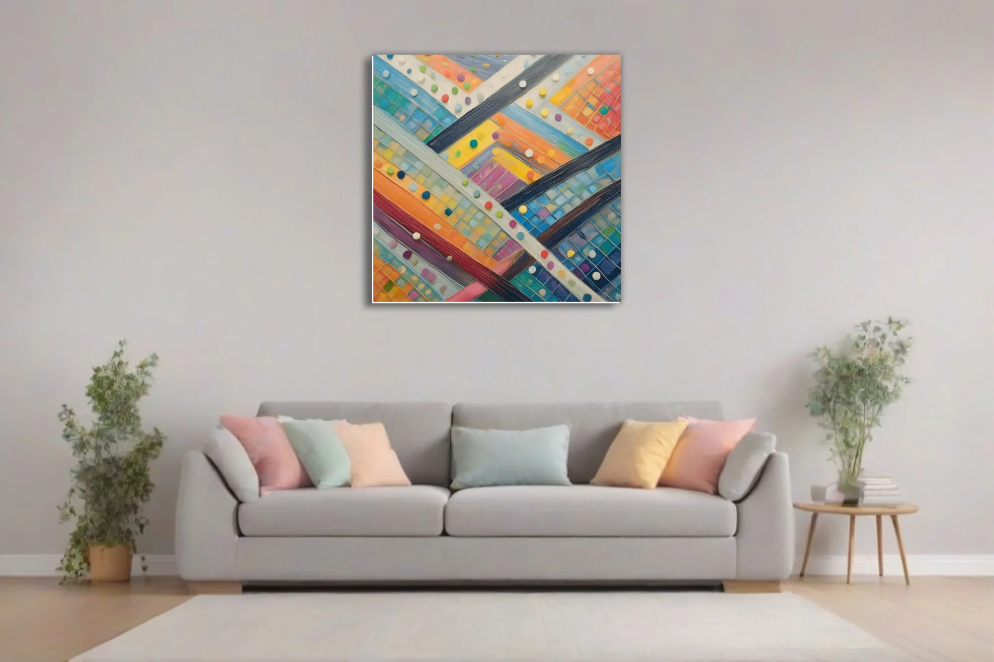Colorful abstract geometric weave with mosaic tiles and multicolor dot accents