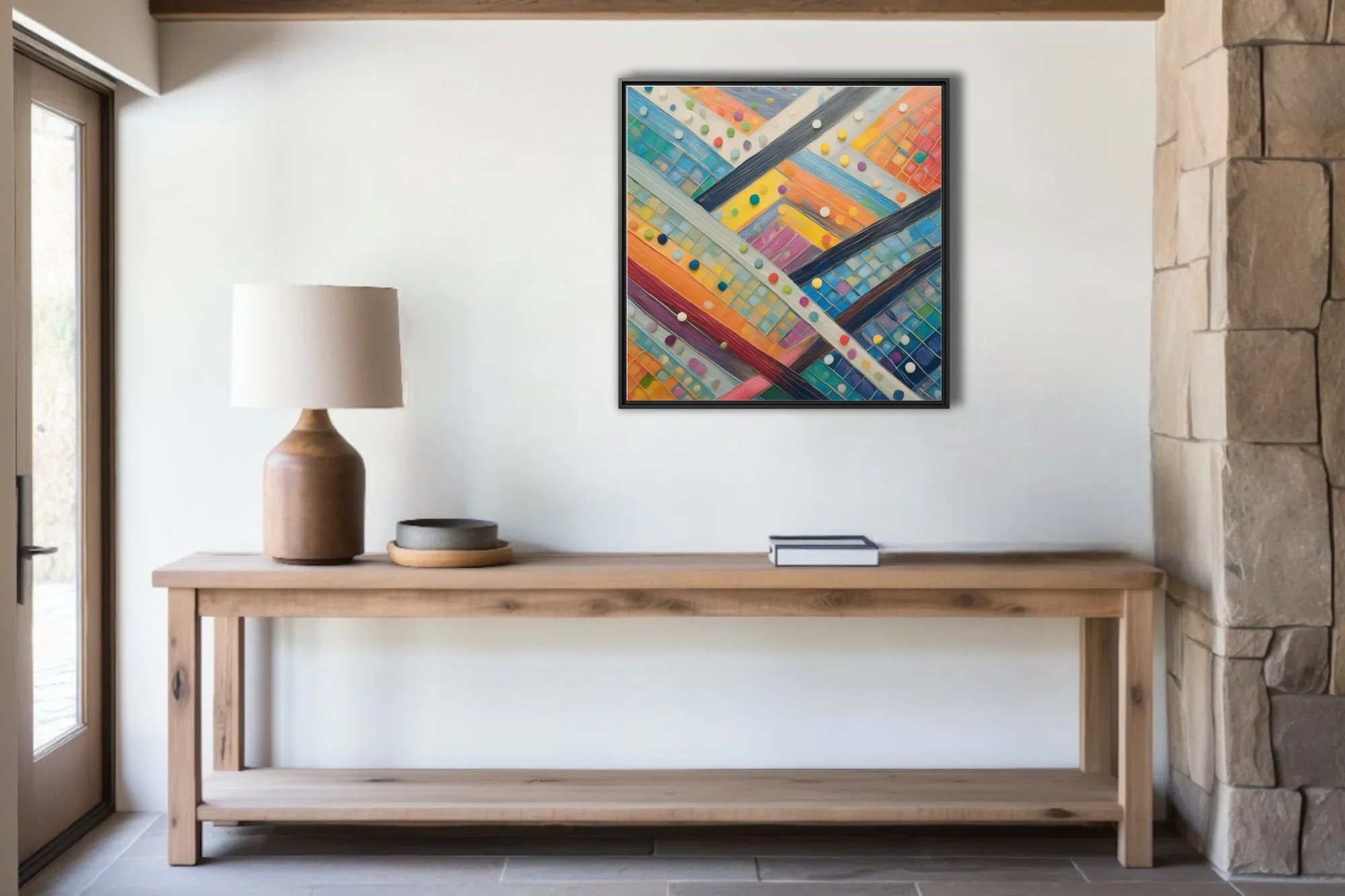 Colorful abstract geometric weave with mosaic tiles and multicolor dot accents
