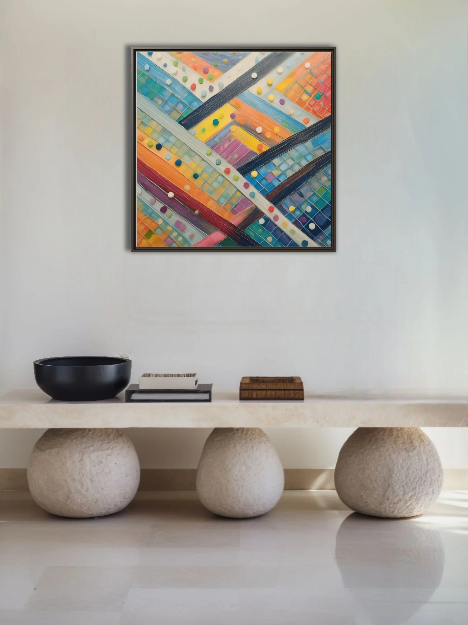 Colorful abstract geometric weave with mosaic tiles and multicolor dot accents