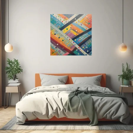 Colorful abstract geometric weave with mosaic tiles and multicolor dot accents