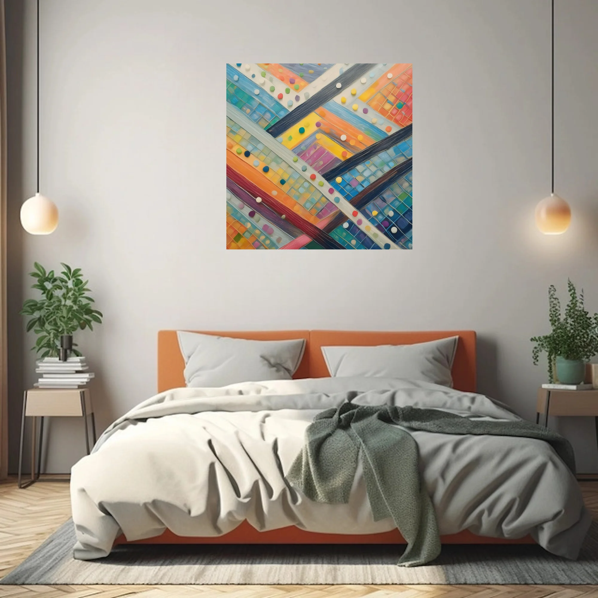 Colorful abstract geometric weave with mosaic tiles and multicolor dot accents