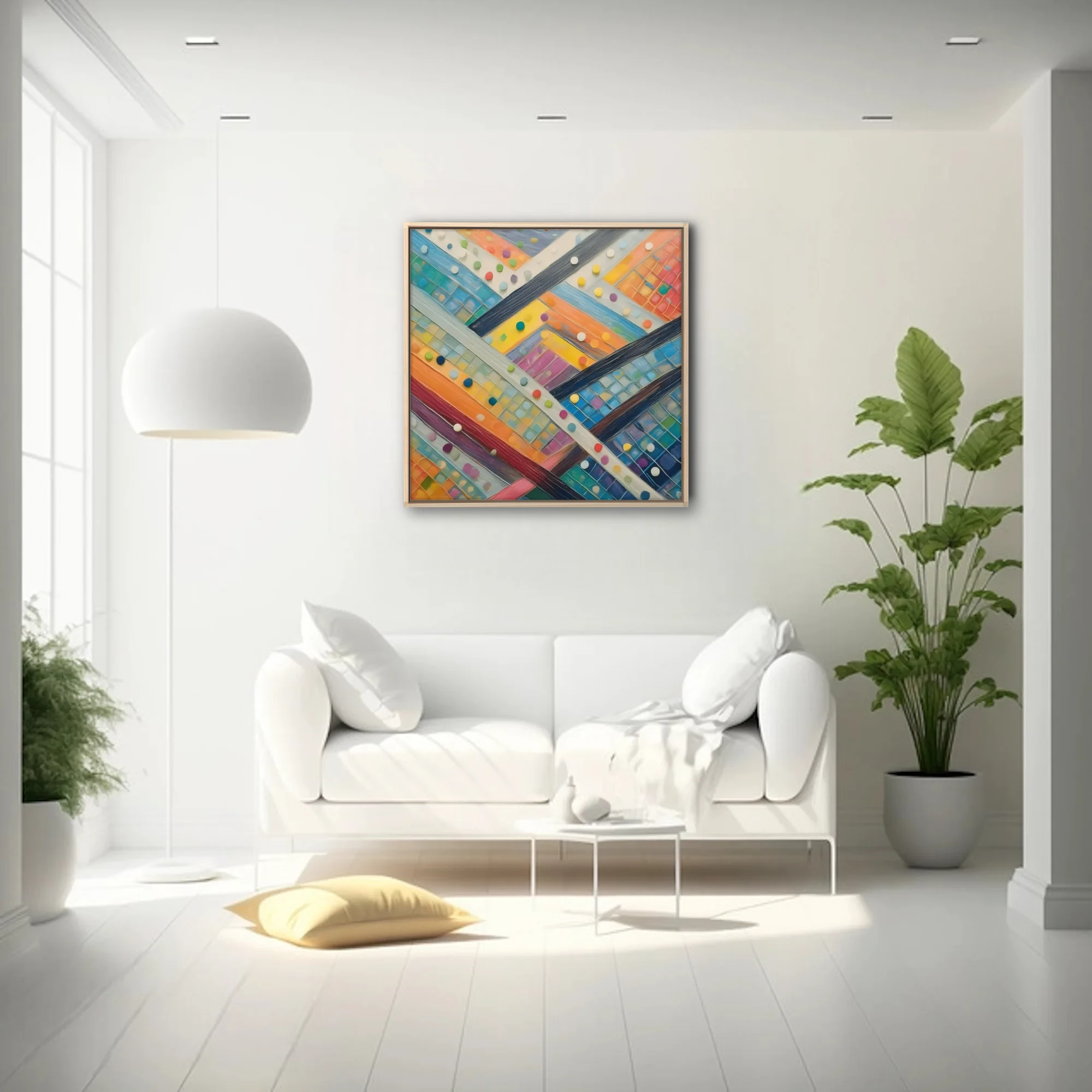 Colorful abstract geometric weave with mosaic tiles and multicolor dot accents