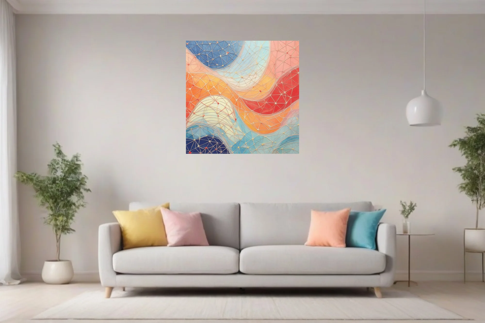Abstract geometric mesh art with coral, cobalt, and orange flowing color fields