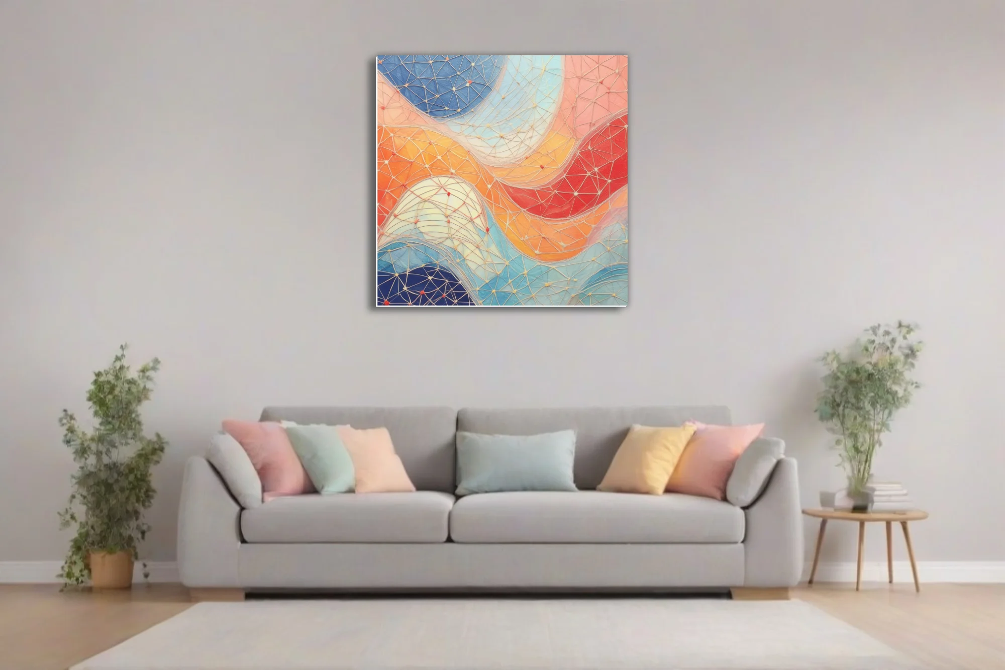 Abstract geometric mesh art with coral, cobalt, and orange flowing color fields
