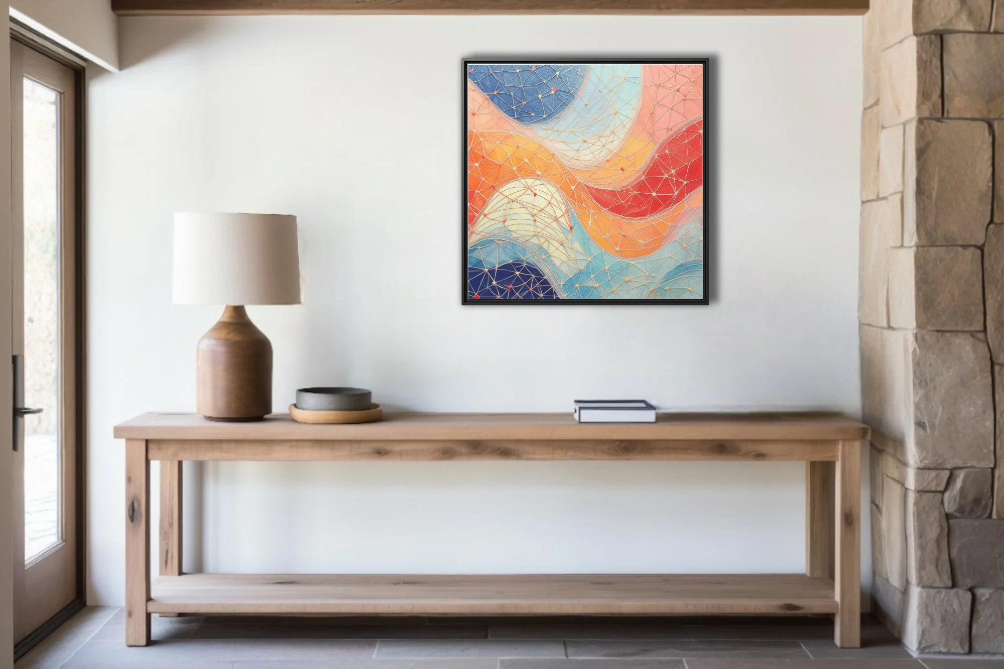 Abstract geometric mesh art with coral, cobalt, and orange flowing color fields