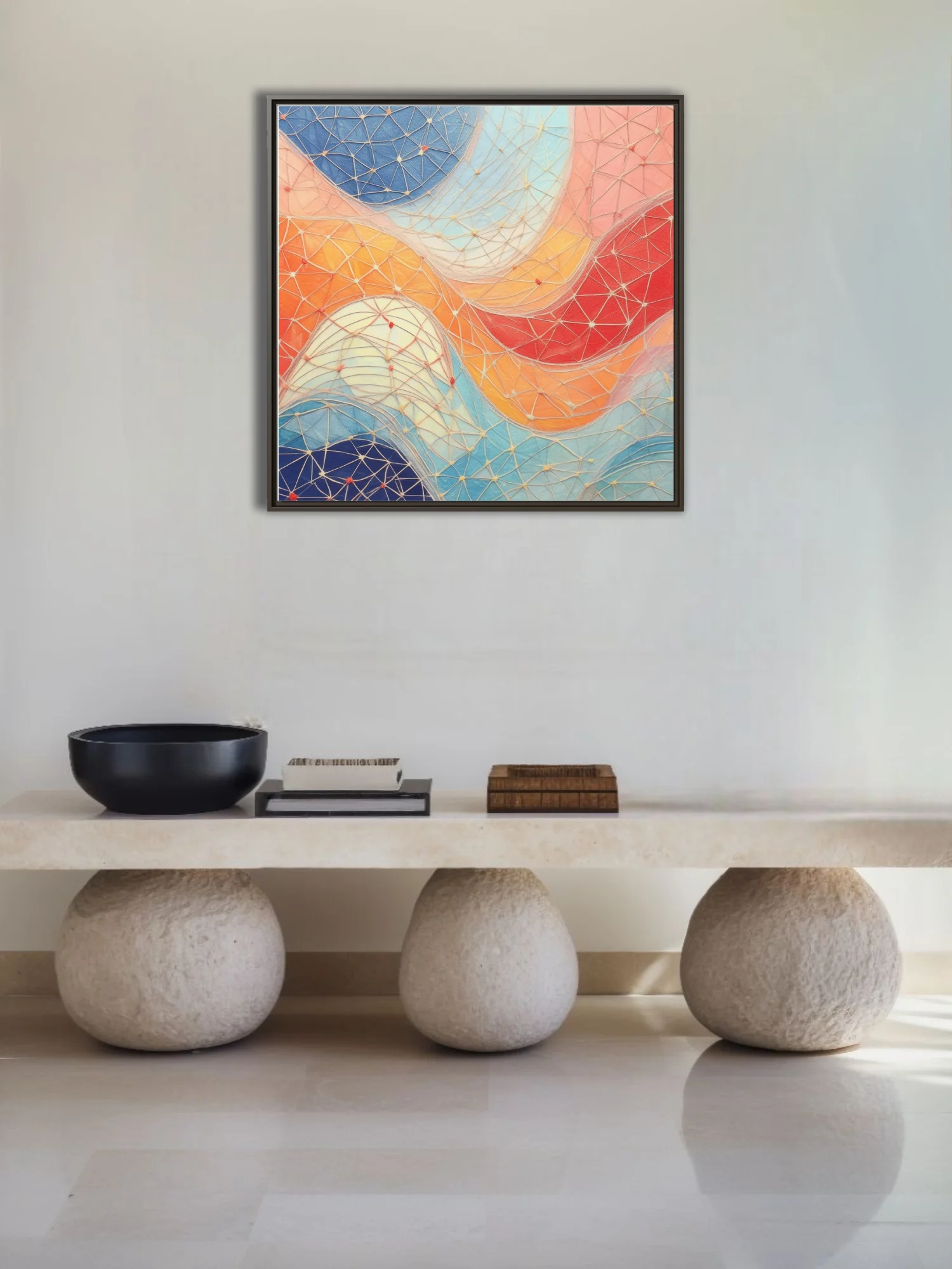 Abstract geometric mesh art with coral, cobalt, and orange flowing color fields