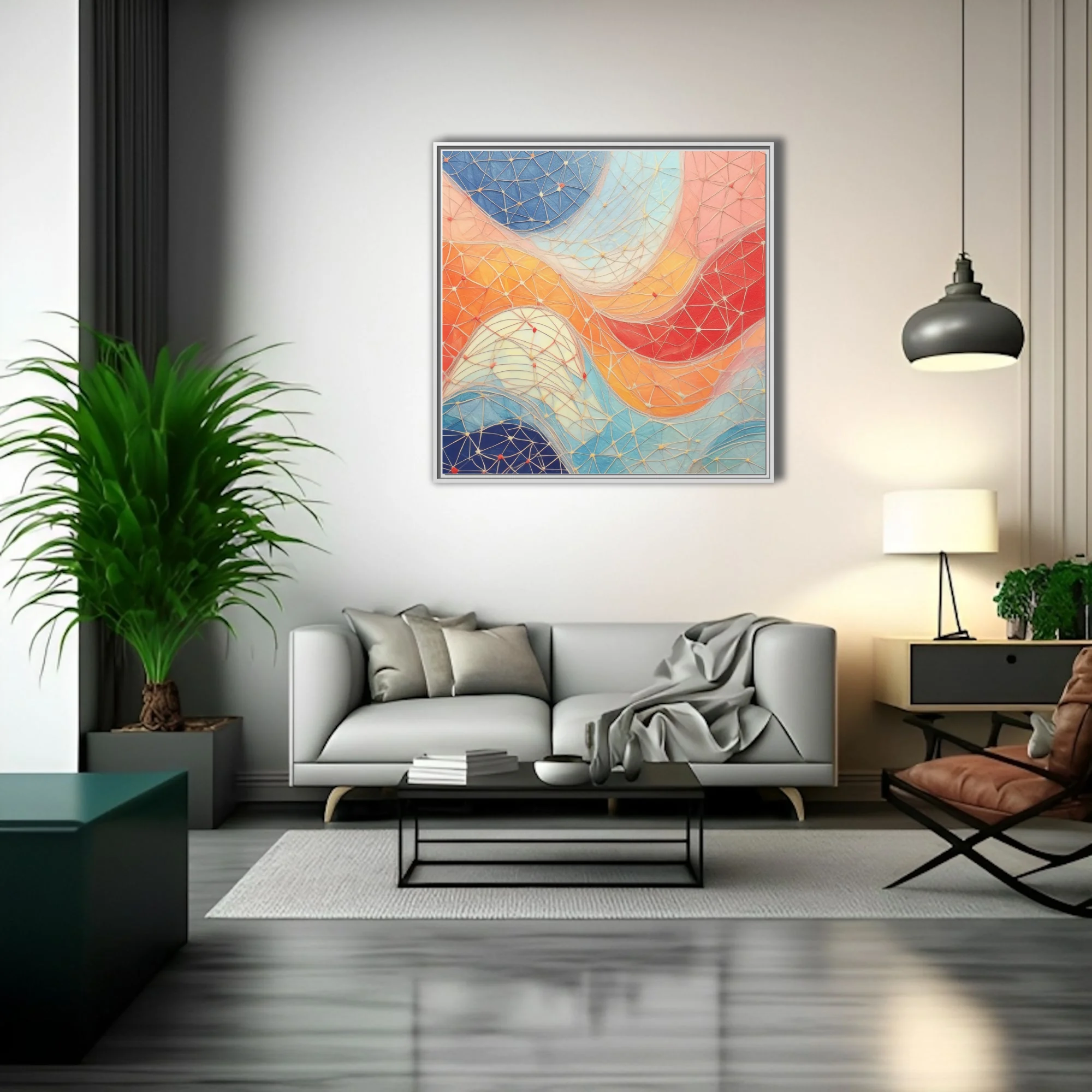 Abstract geometric mesh art with coral, cobalt, and orange flowing color fields