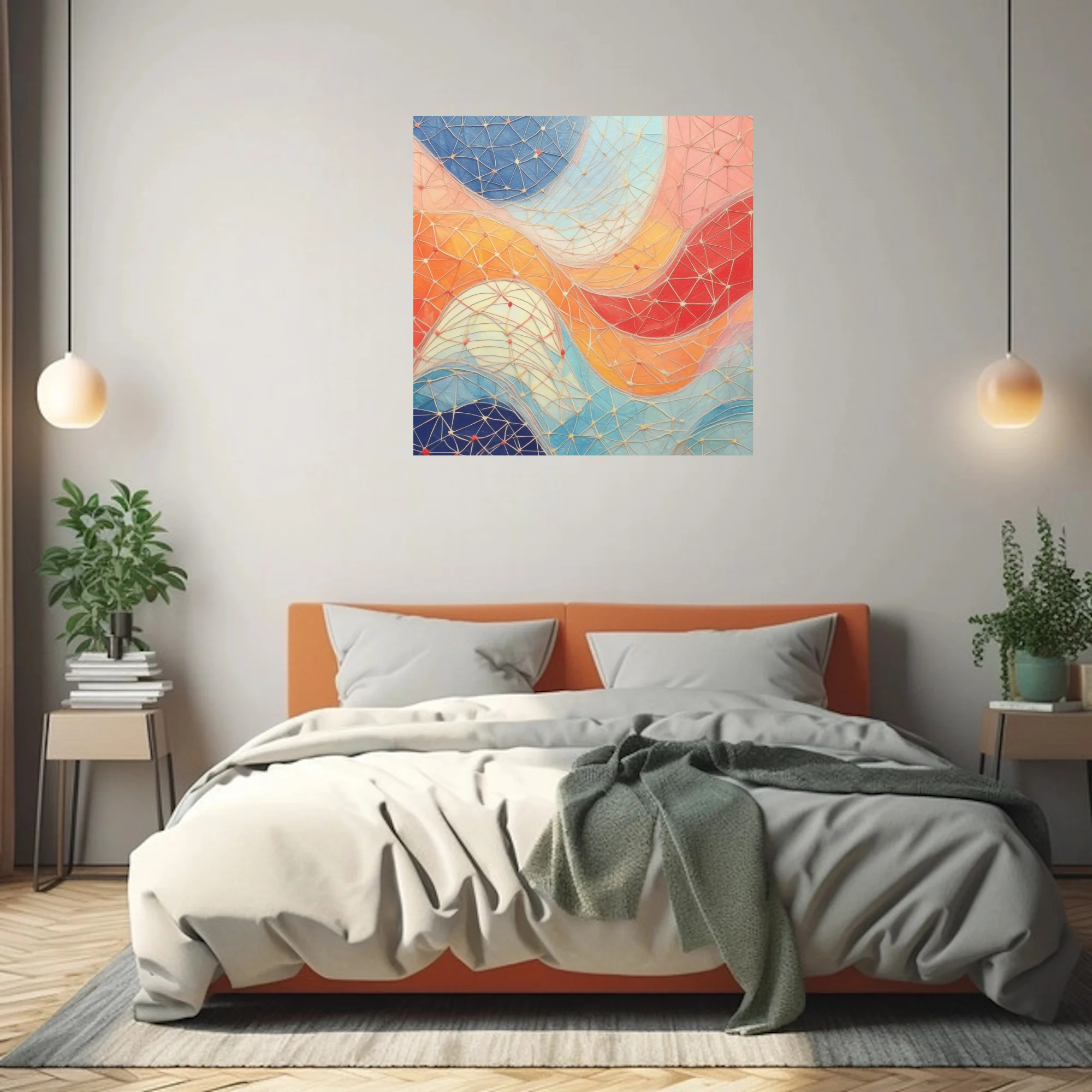 Abstract geometric mesh art with coral, cobalt, and orange flowing color fields