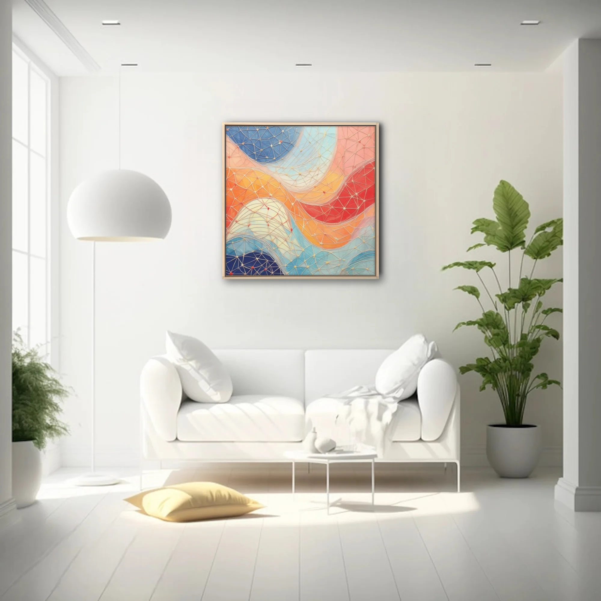 Abstract geometric mesh art with coral, cobalt, and orange flowing color fields