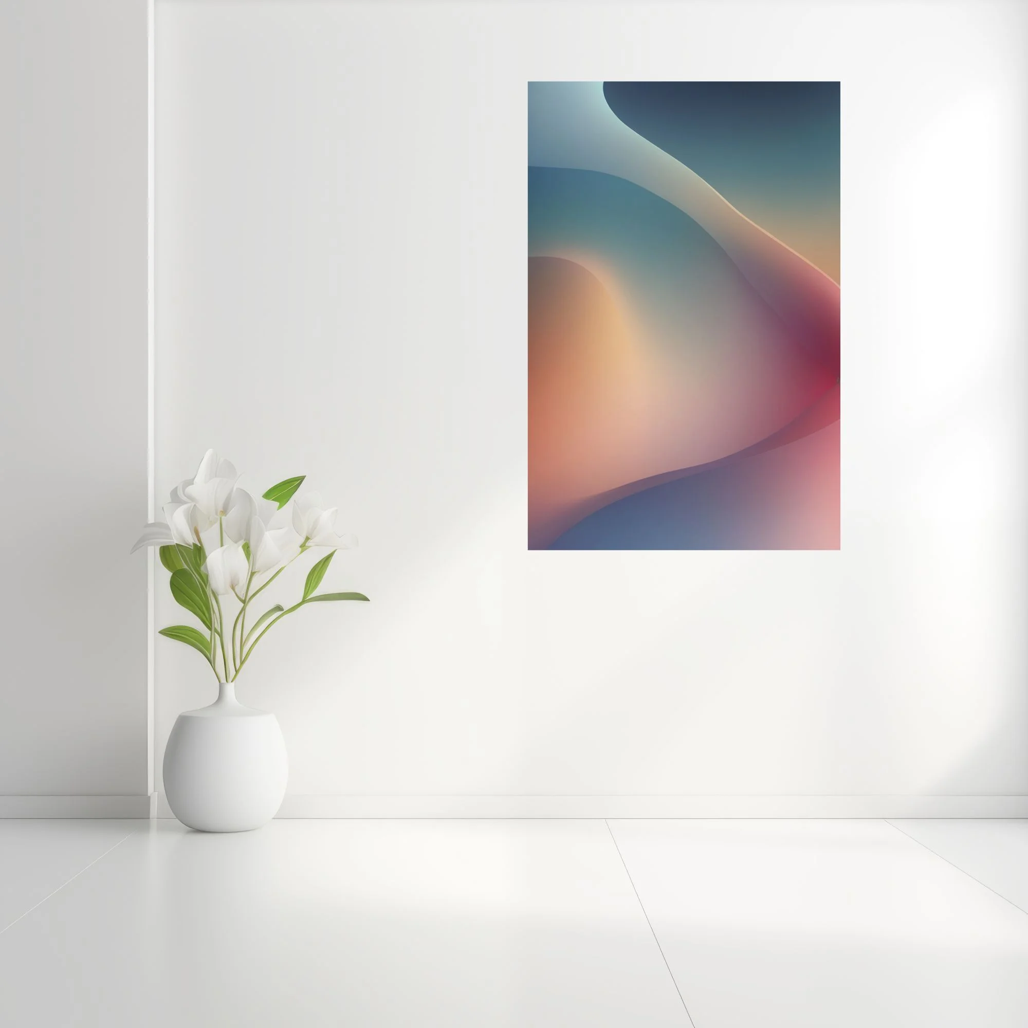 Abstract gradient wave art in teal, blush, and warm amber tones