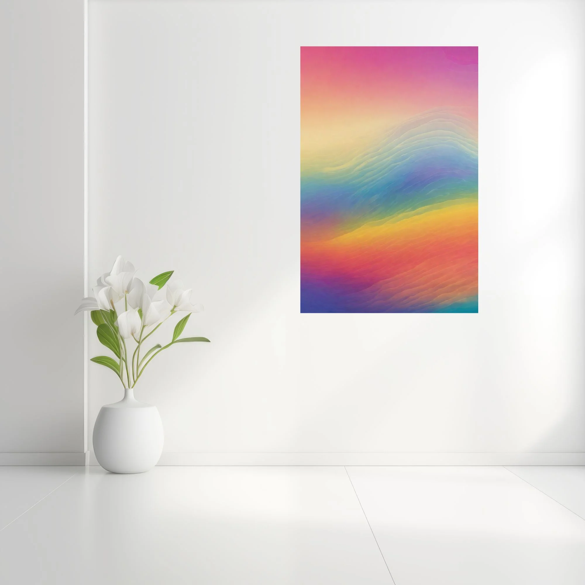 Abstract rainbow gradient wave art — warm coral, amber, blue, and violet tones