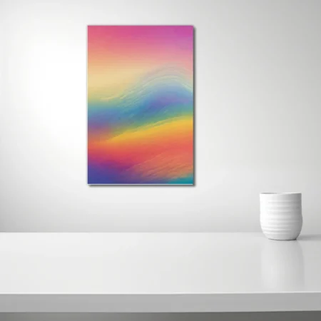 Abstract rainbow gradient wave art — warm coral, amber, blue, and violet tones
