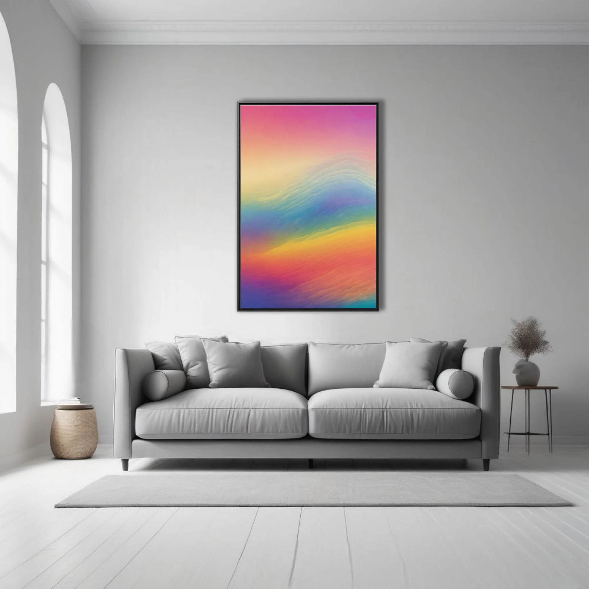 Abstract rainbow gradient wave art — warm coral, amber, blue, and violet tones