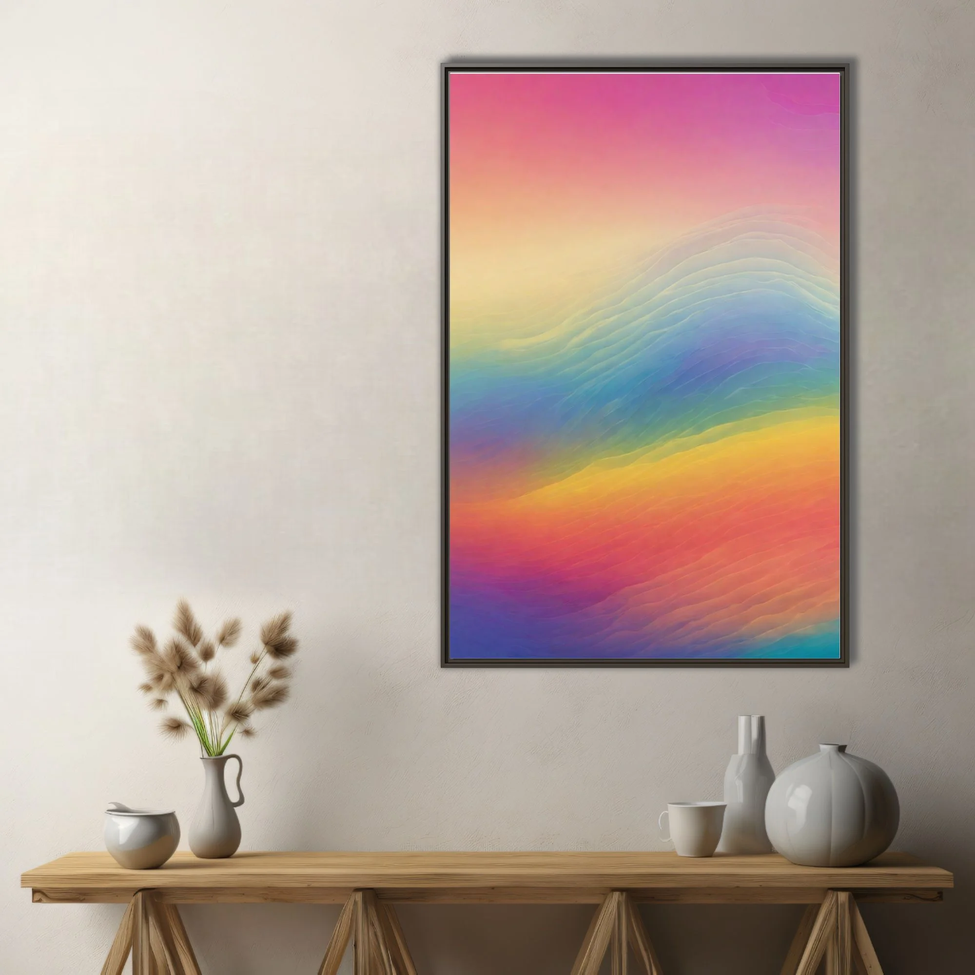 Abstract rainbow gradient wave art — warm coral, amber, blue, and violet tones