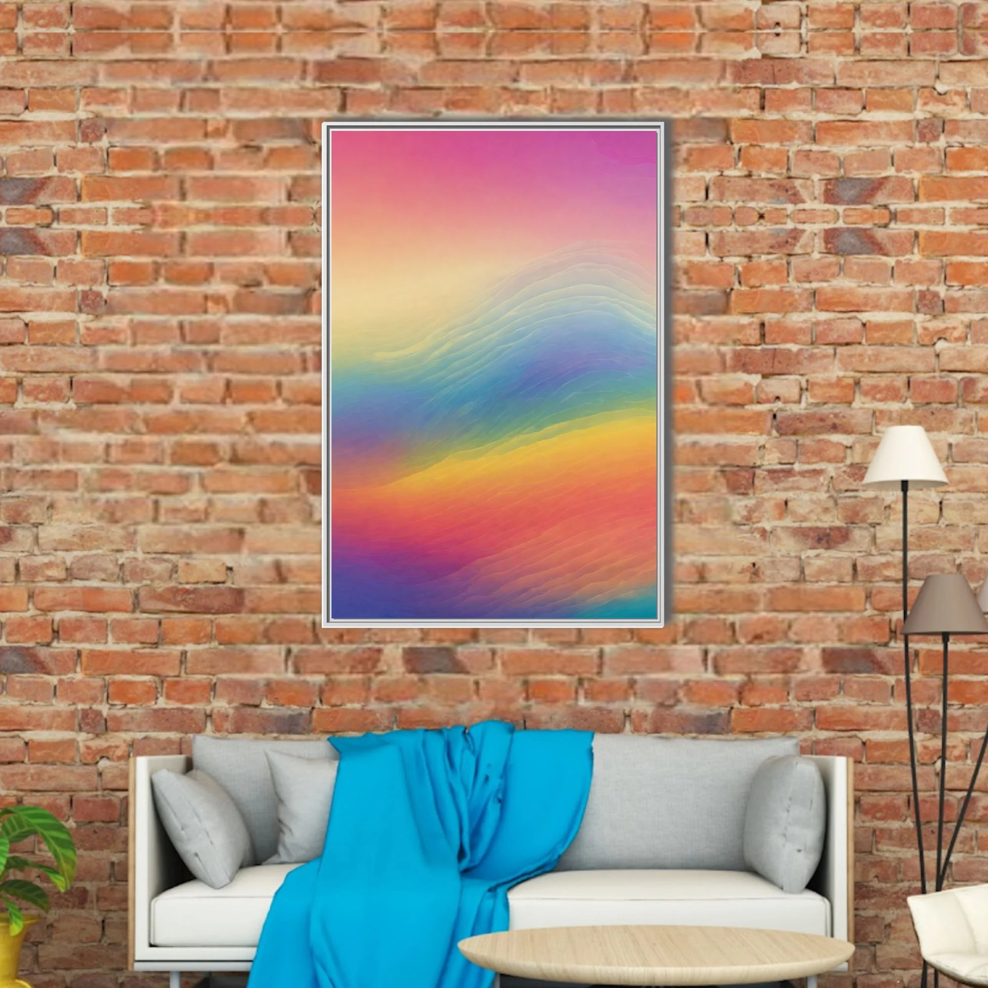 Abstract rainbow gradient wave art — warm coral, amber, blue, and violet tones