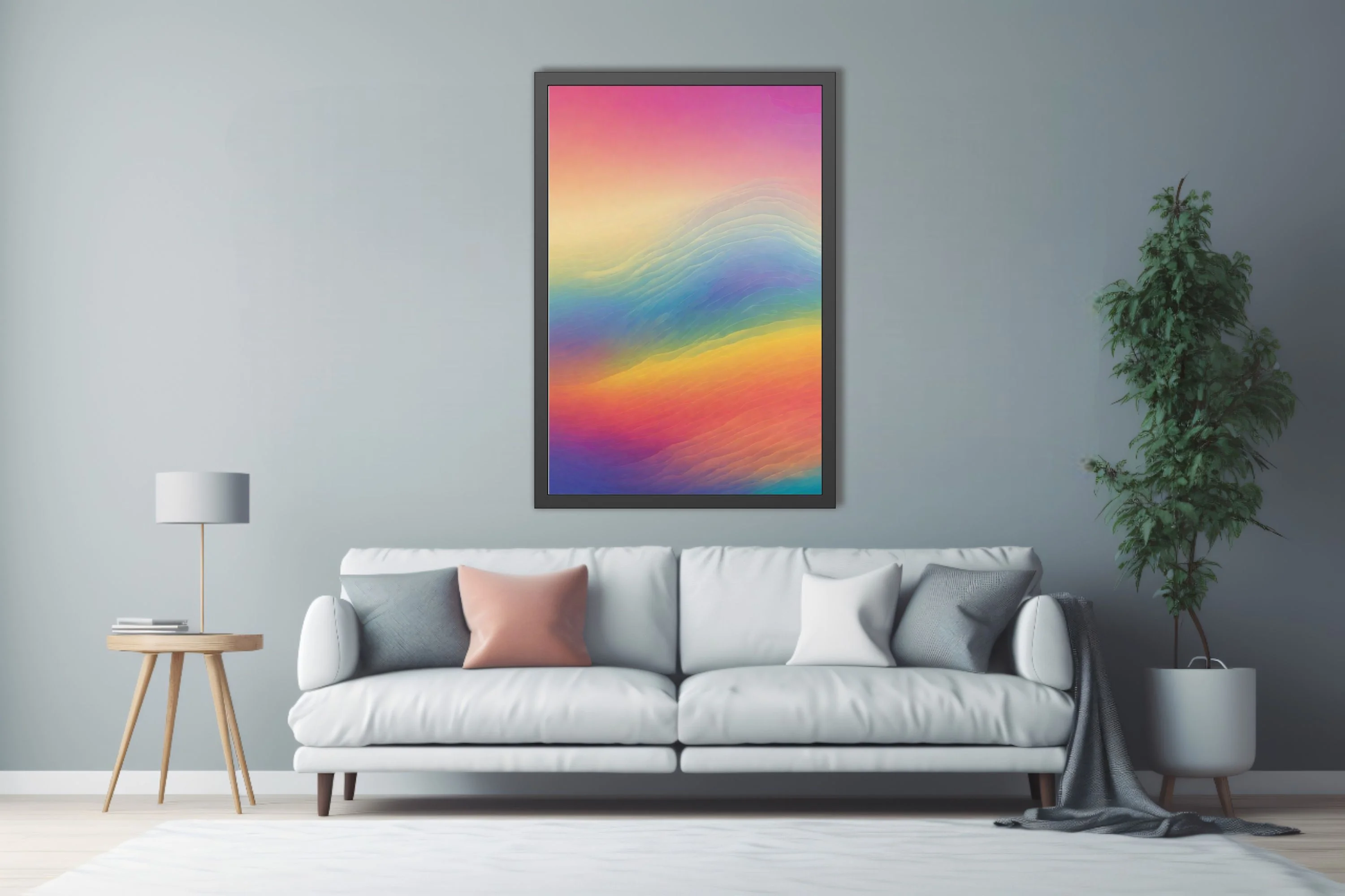 Abstract rainbow gradient wave art — warm coral, amber, blue, and violet tones