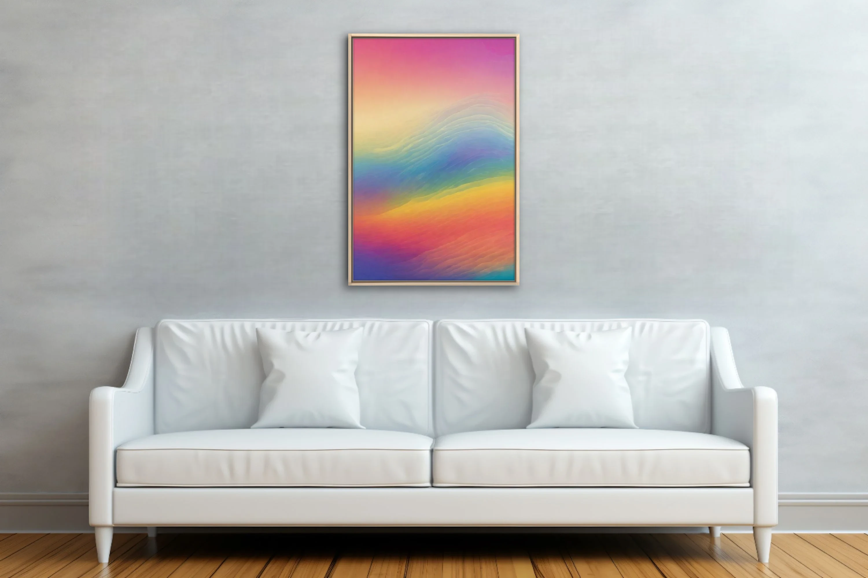 Abstract rainbow gradient wave art — warm coral, amber, blue, and violet tones