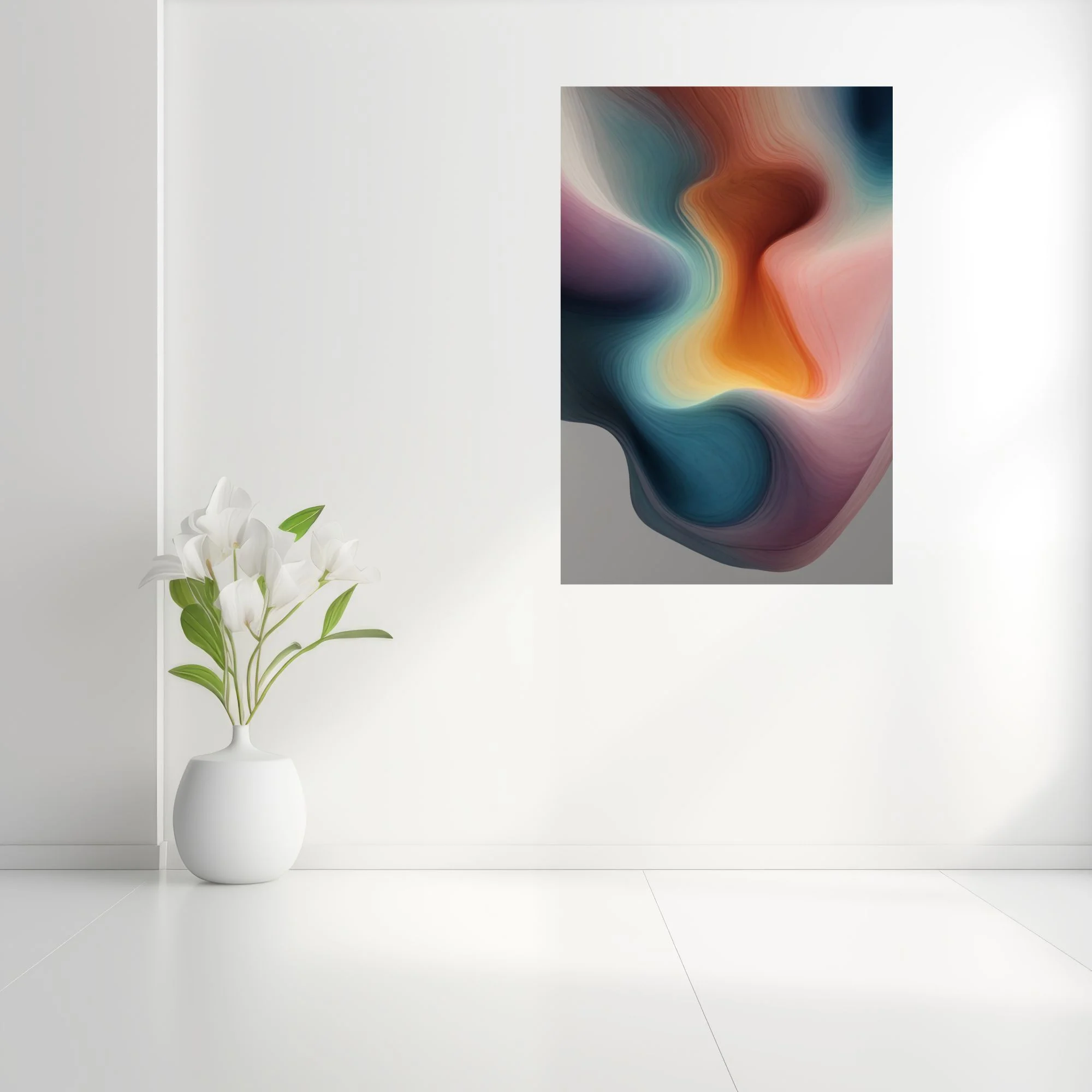 Abstract fluid art with teal, amber, and rose layered contour forms