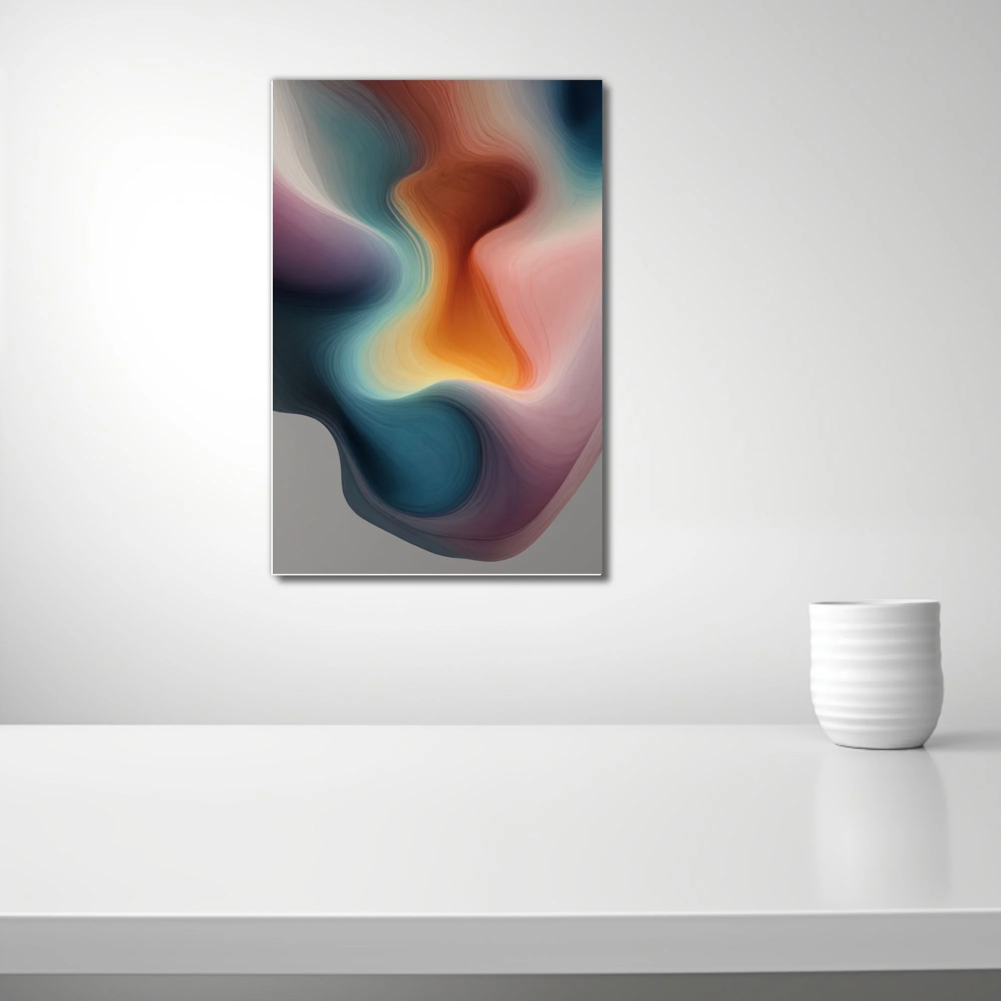 Abstract fluid art with teal, amber, and rose layered contour forms
