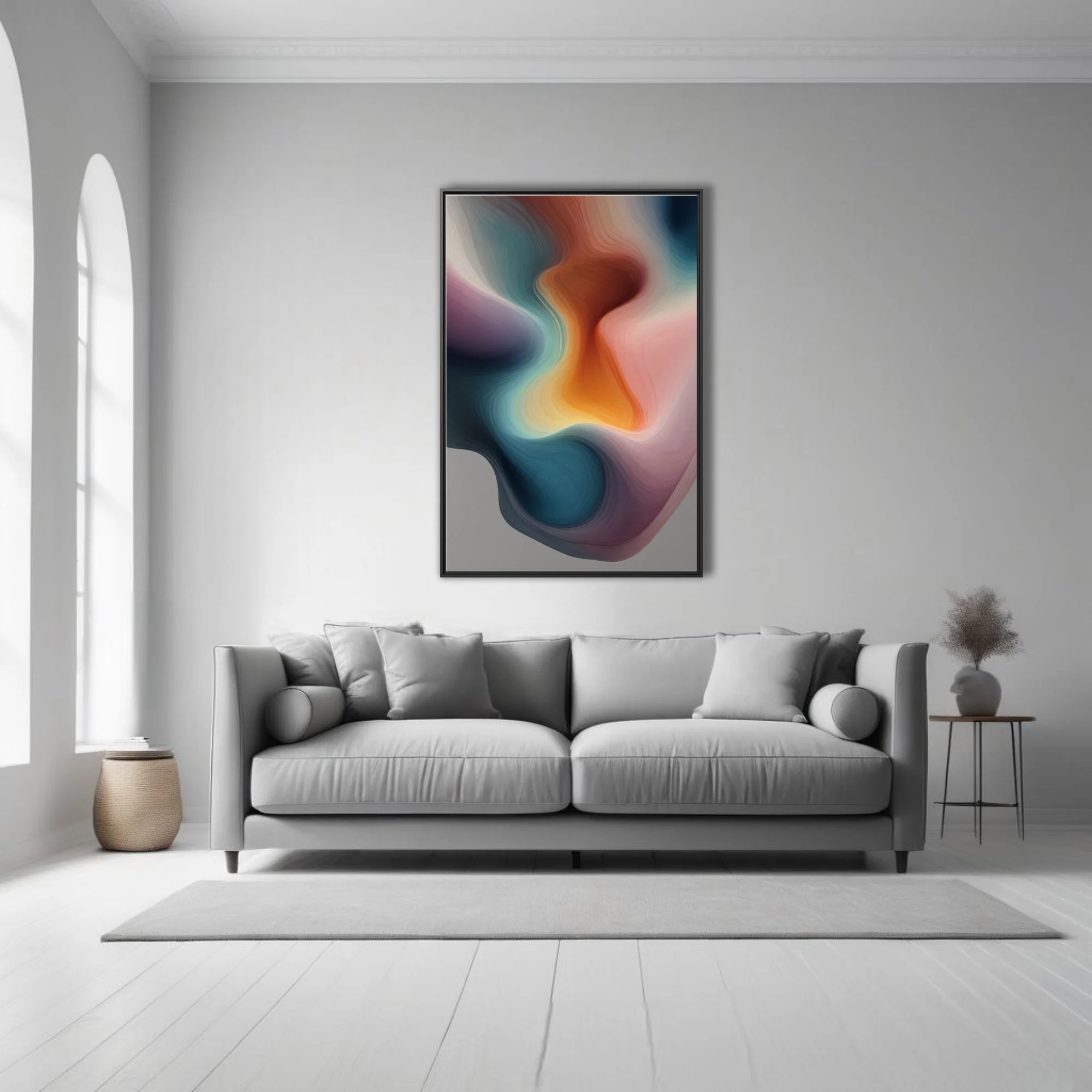 Abstract fluid art with teal, amber, and rose layered contour forms