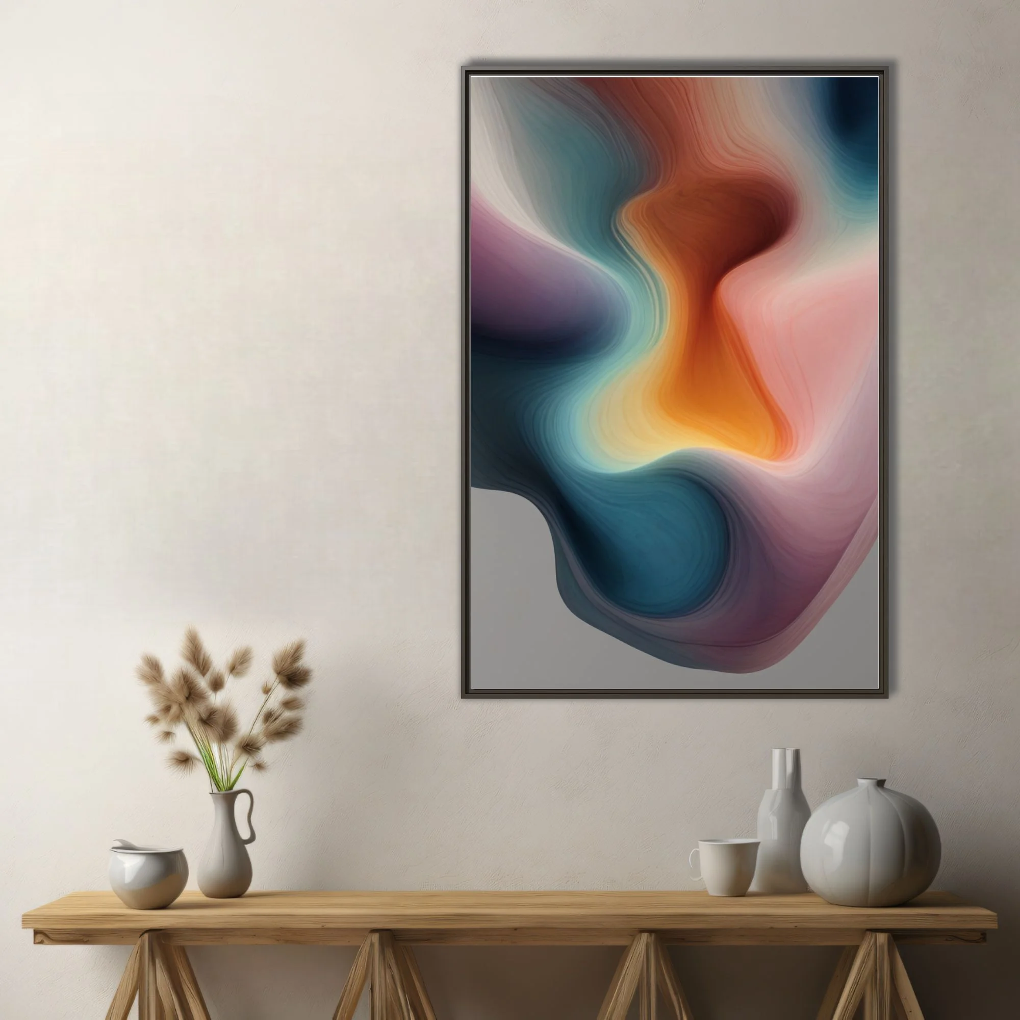 Abstract fluid art with teal, amber, and rose layered contour forms