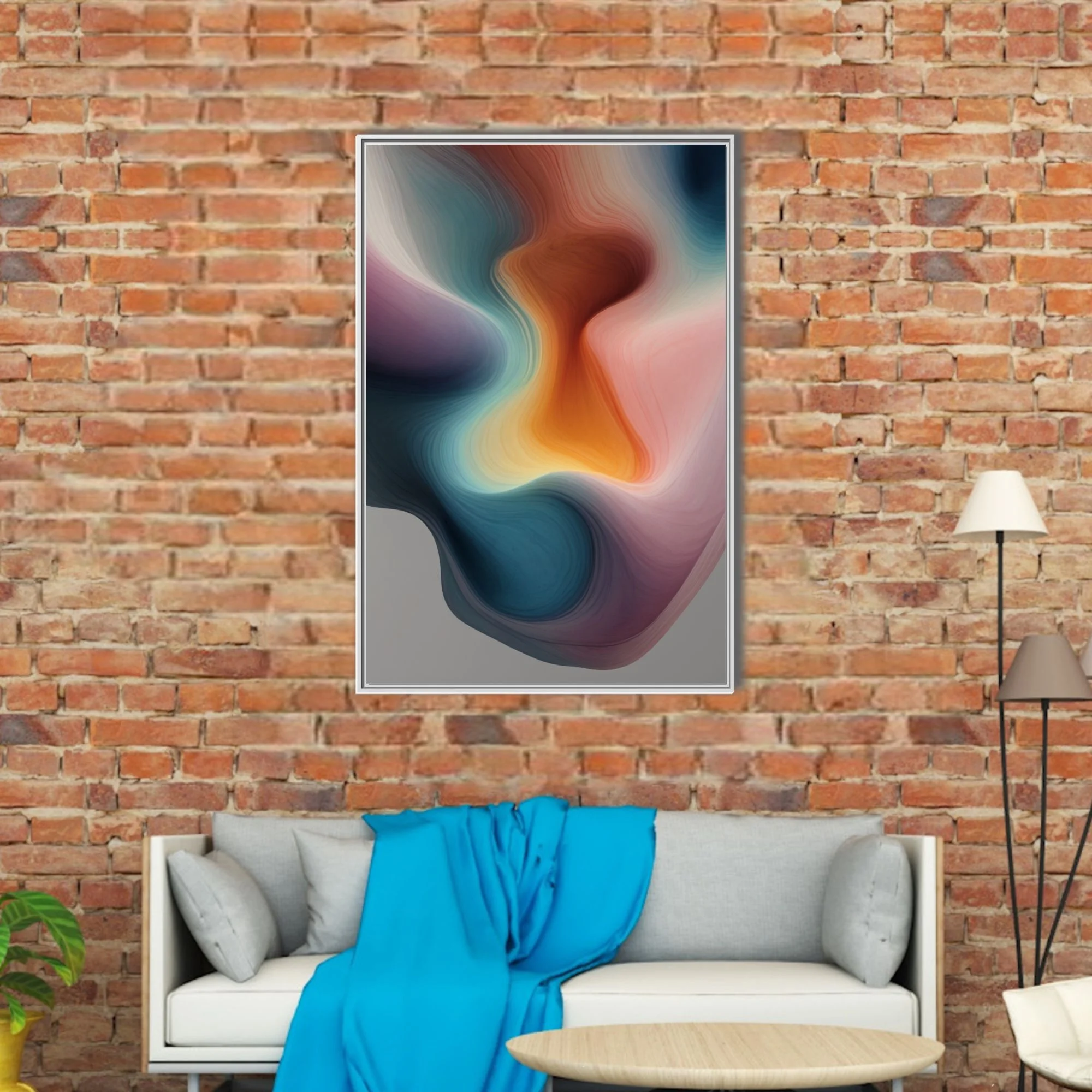 Abstract fluid art with teal, amber, and rose layered contour forms
